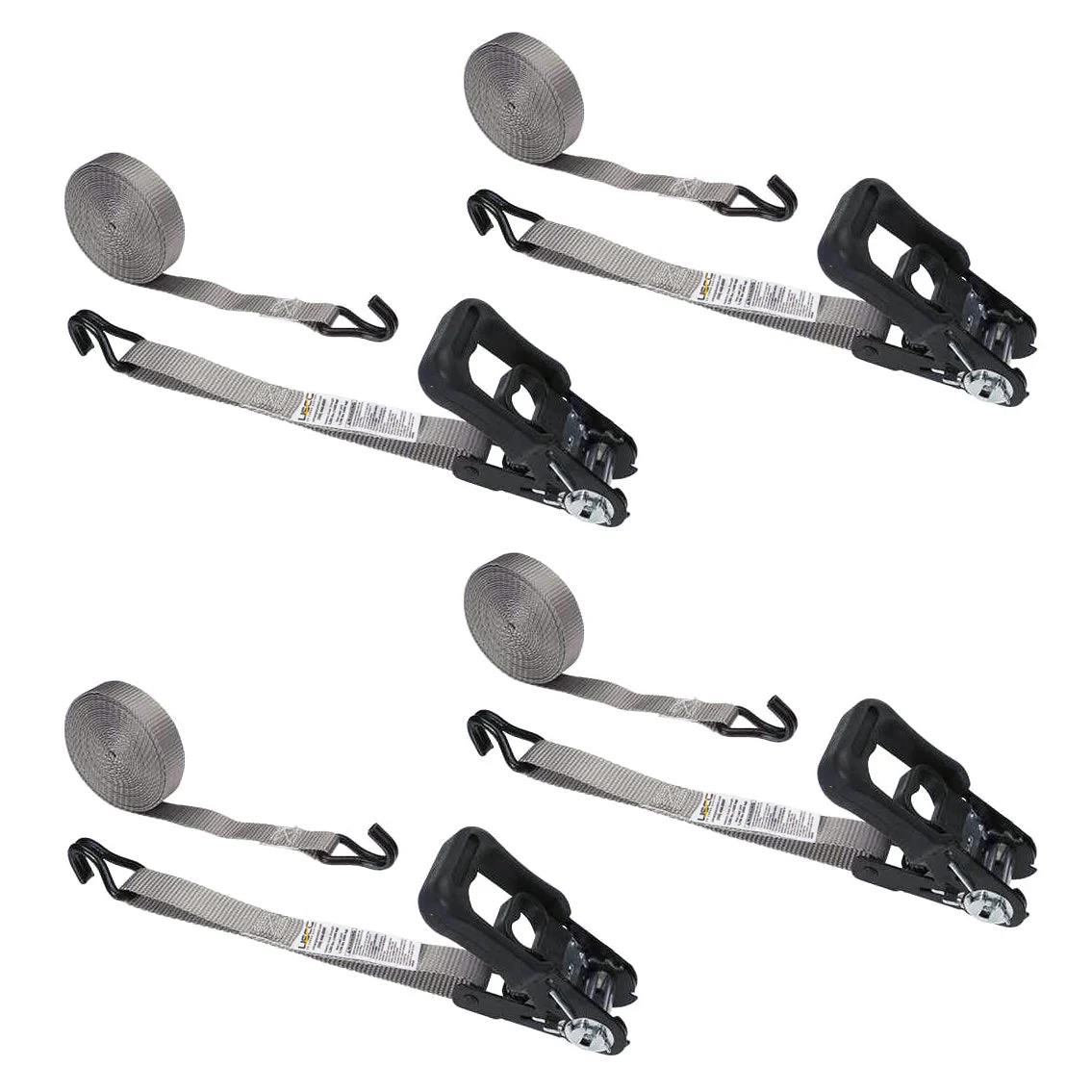 1" x 20' Rubber Coated Ratchet Strap w/ Vinyl Coated Wire Hooks | 4-Pack