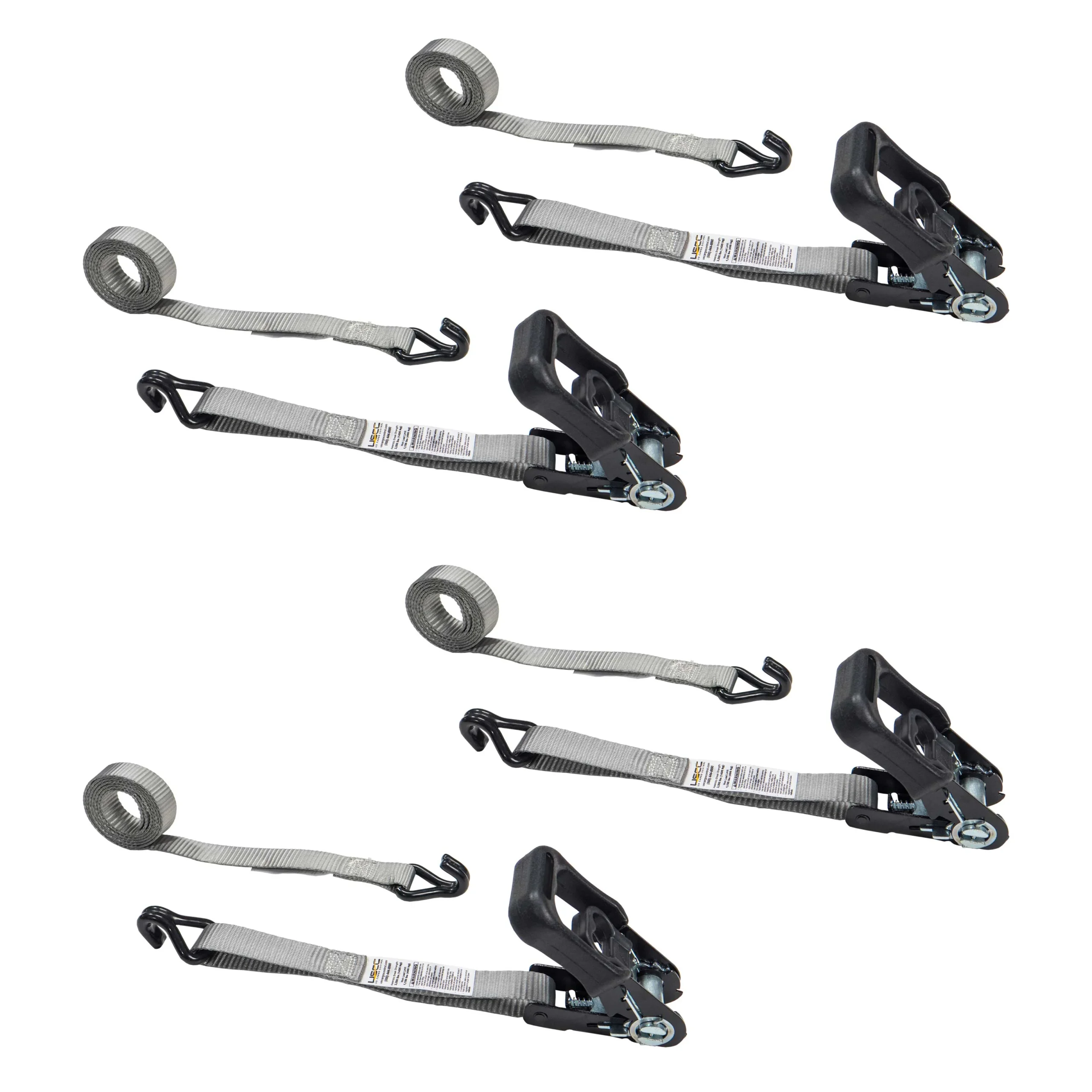 1" x 6' Rubber Coated Ratchet Strap w/ Vinyl Coated Wire Hooks - 4 Pack