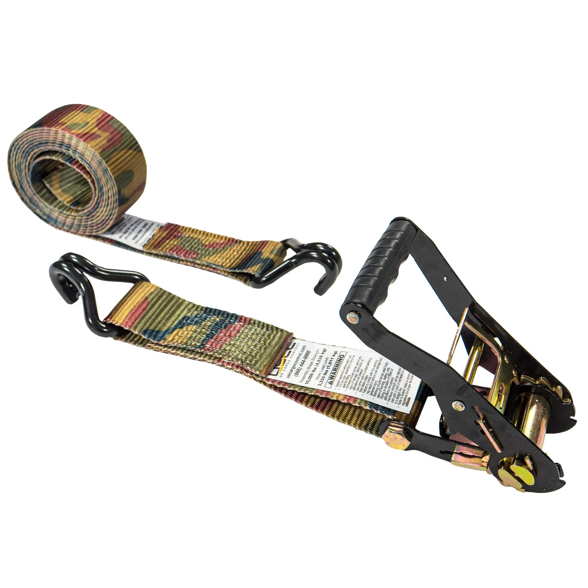 2" x 10' Camo Ratchet Strap with Wire / Double J Hooks