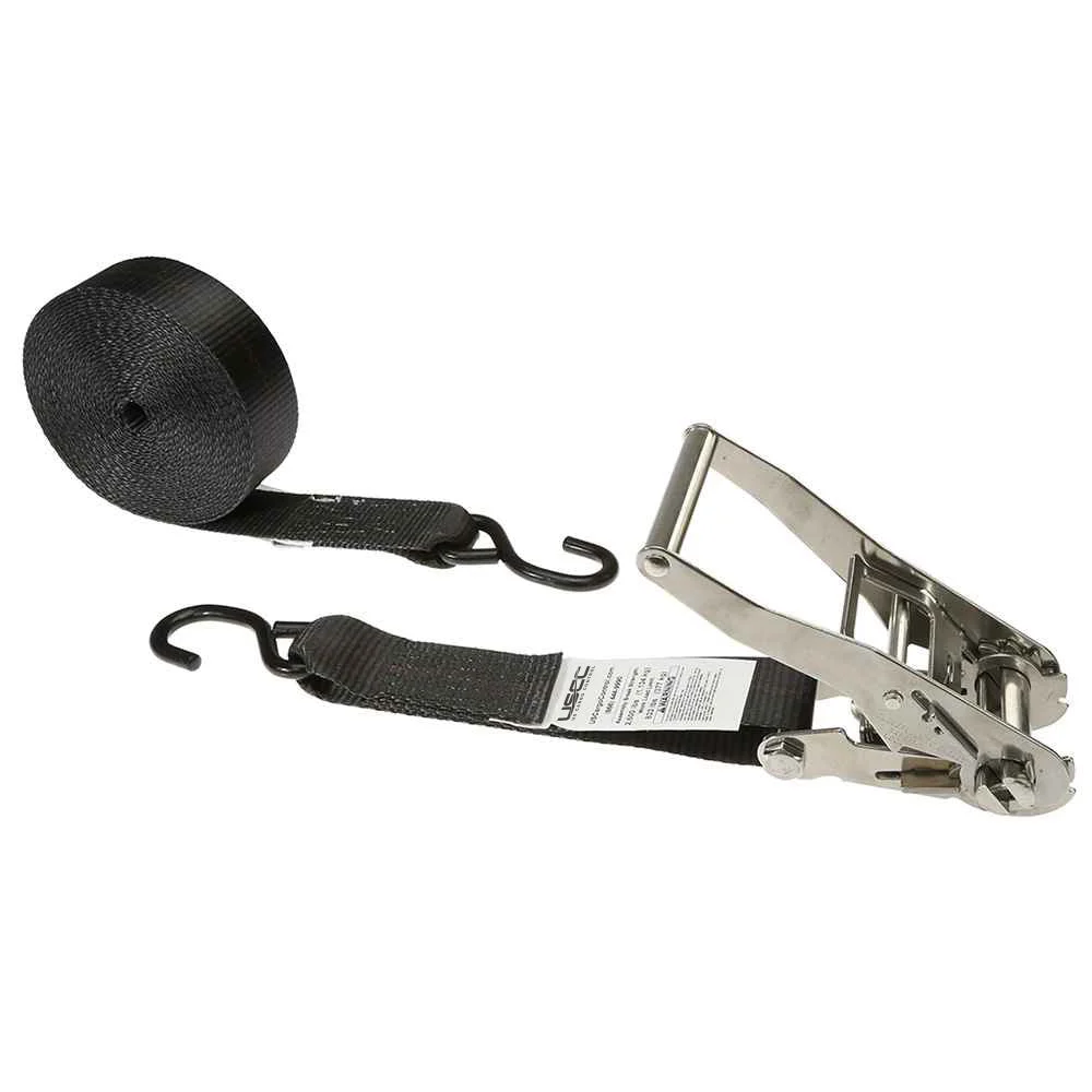 2" x 10' Stainless Steel Ratchet Strap with Vinyl Coated S-Hooks | Black