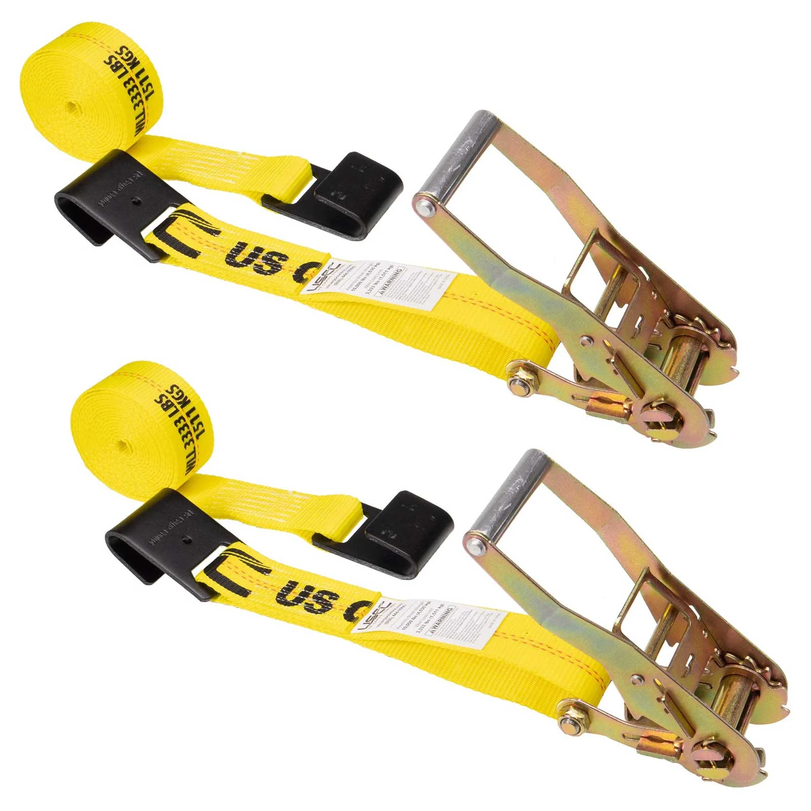 2" x 12' Ratchet Strap with Flat Hooks | Yellow | 2-Pack