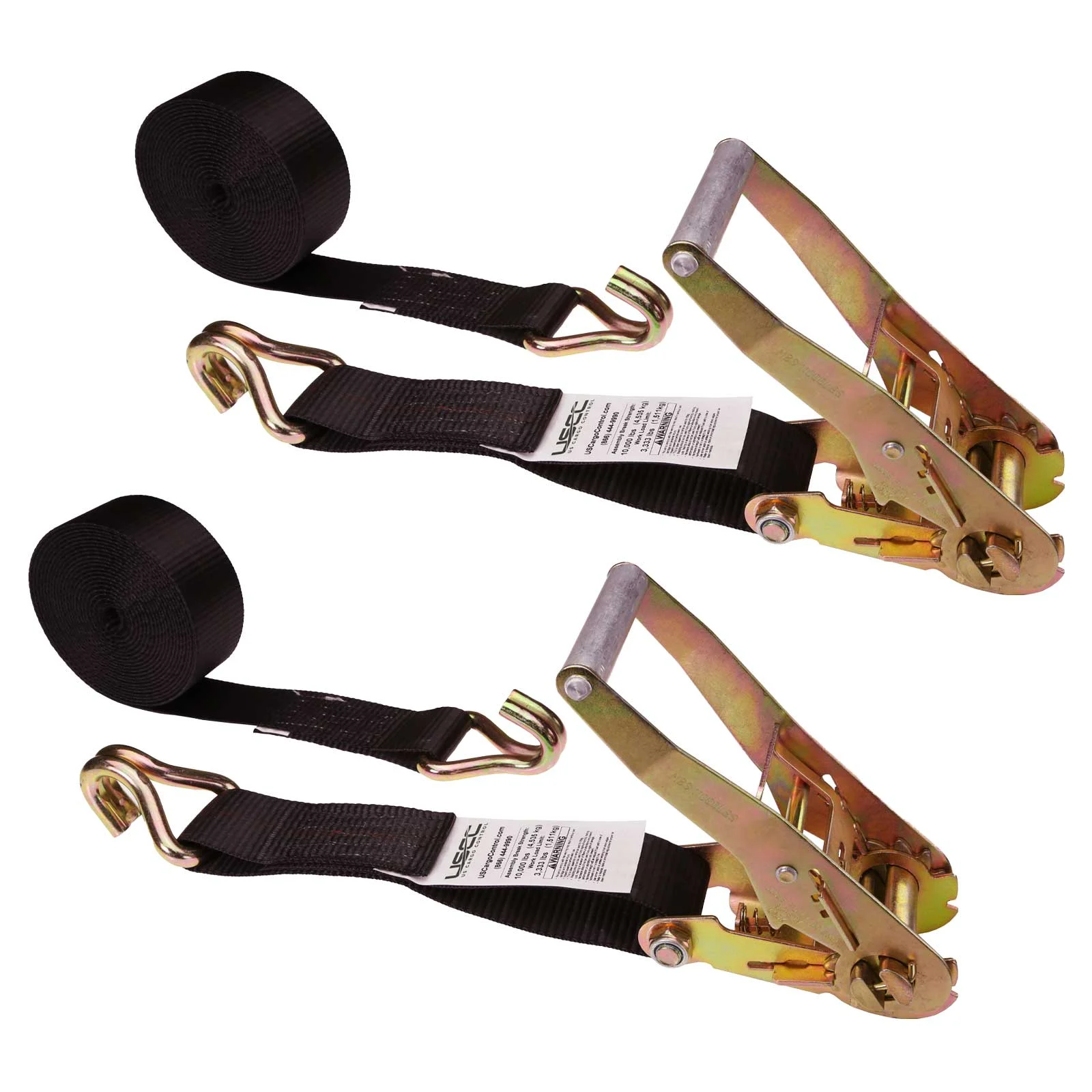 2" x 12' Ratchet Strap with Wire / Double J Hooks | Black | 2-Pack