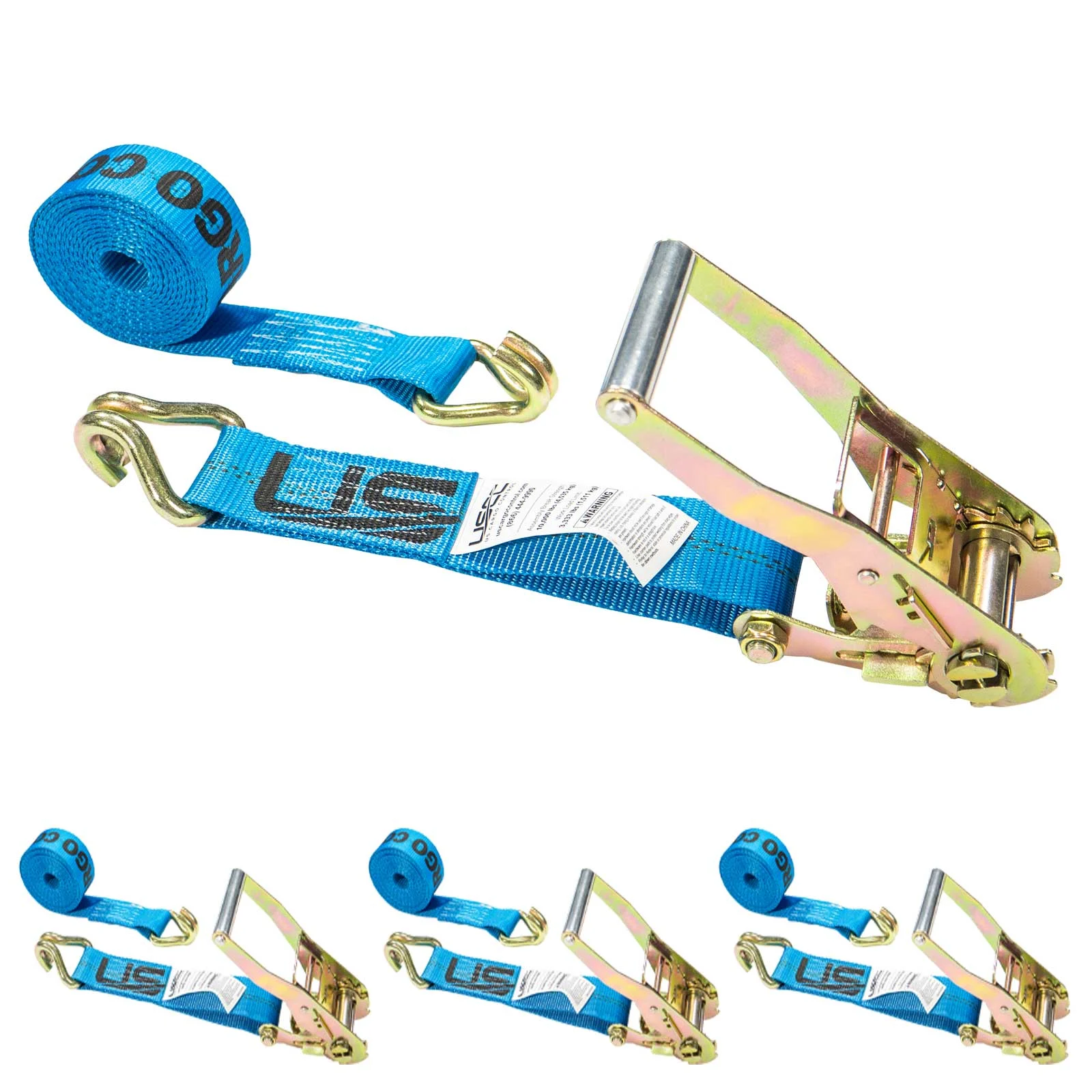 2" x 12' Ratchet Strap with Wire / Double J Hooks | Blue | 4-Pack