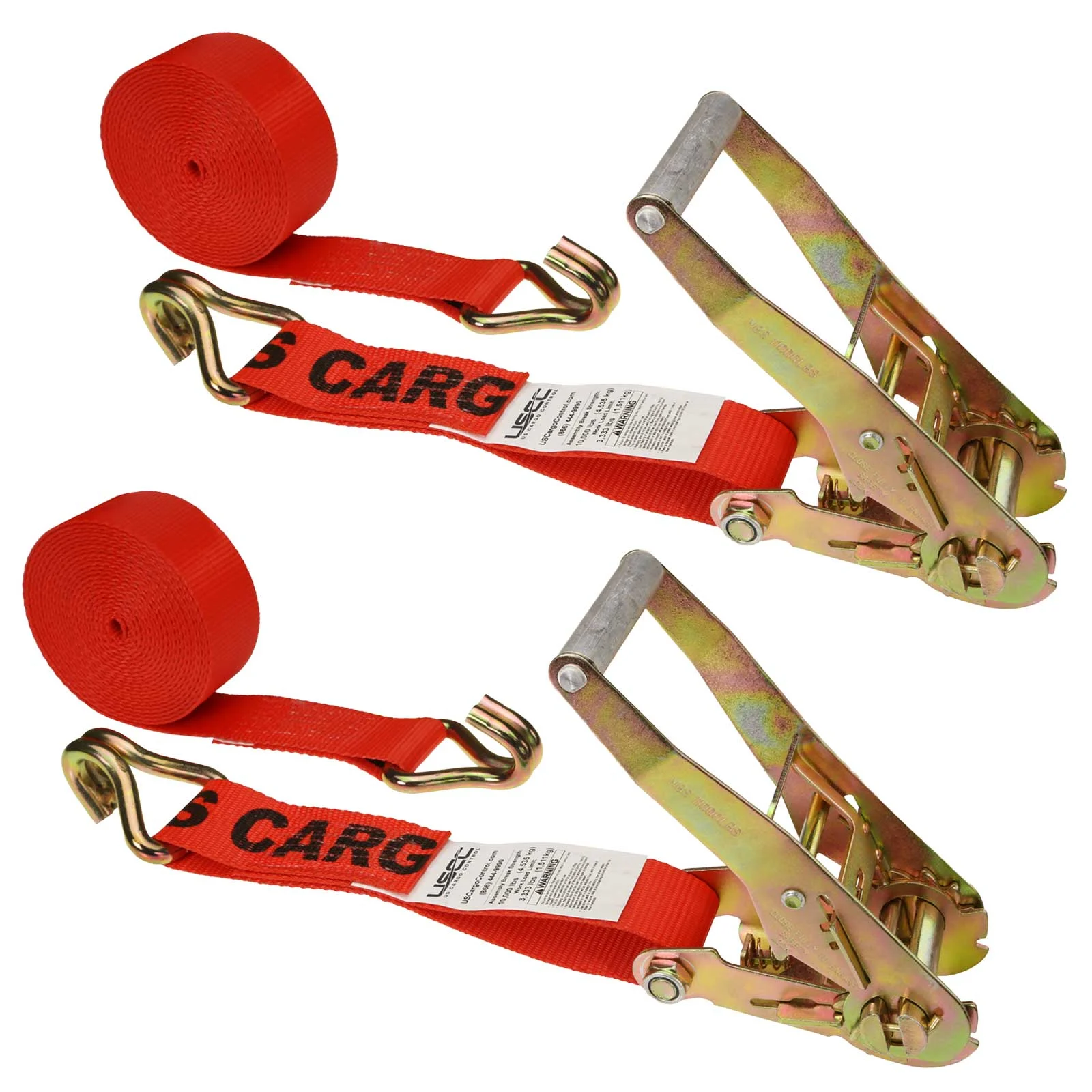 2" x 12' Ratchet Strap with Wire / Double J Hooks | Red | 2-Pack