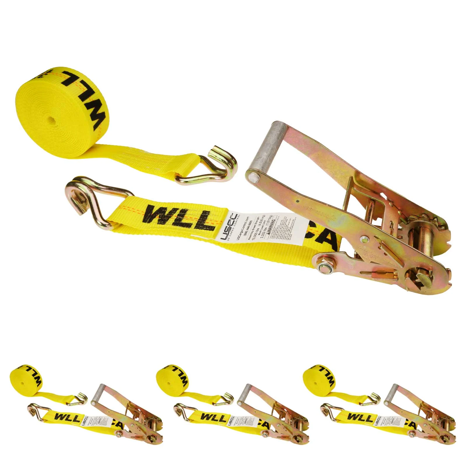 2" x 12' Ratchet Strap with Wire / Double J Hooks | Yellow | 4-Pack