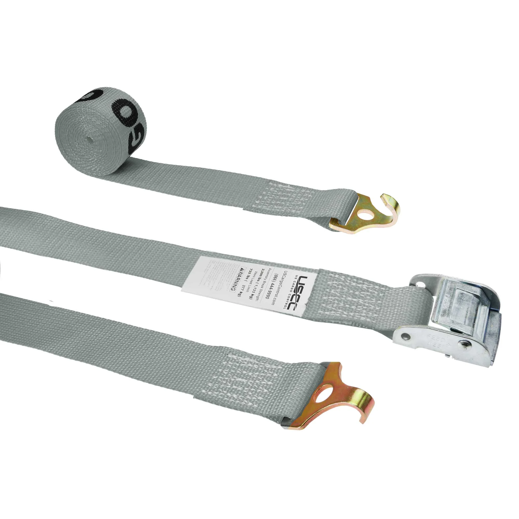 2" x 16' Gray Cam Buckle Strap with Plate Trailer F-Hooks