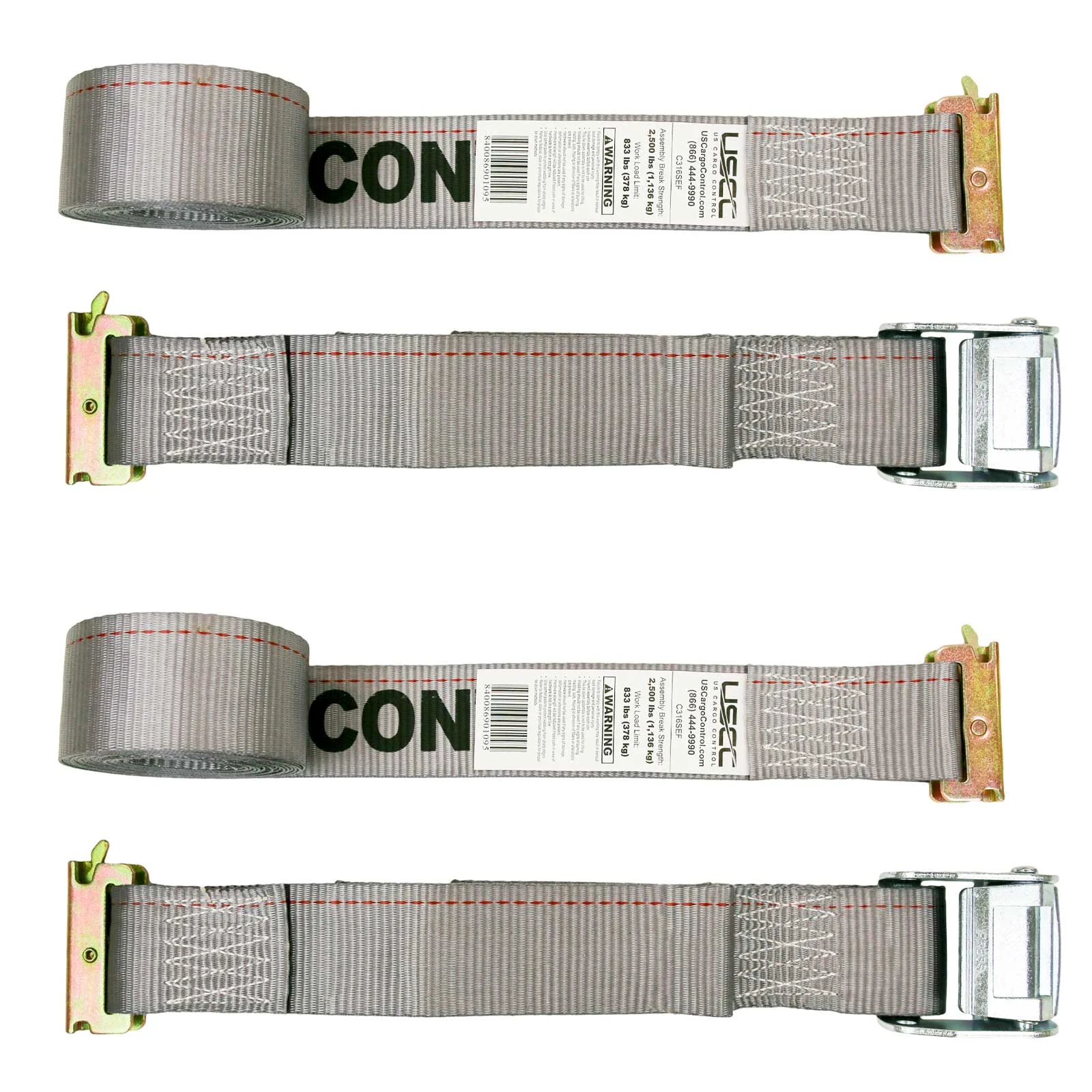 2" x 16' Gray E-Track Cam Buckle Strap | 2-Pack