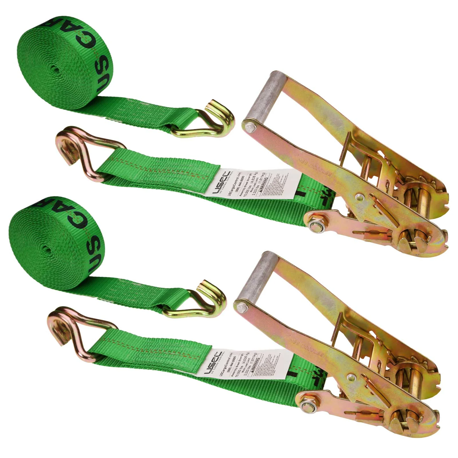 2" x 18' Ratchet Strap with Wire / Double J Hooks | Green | 2-Pack