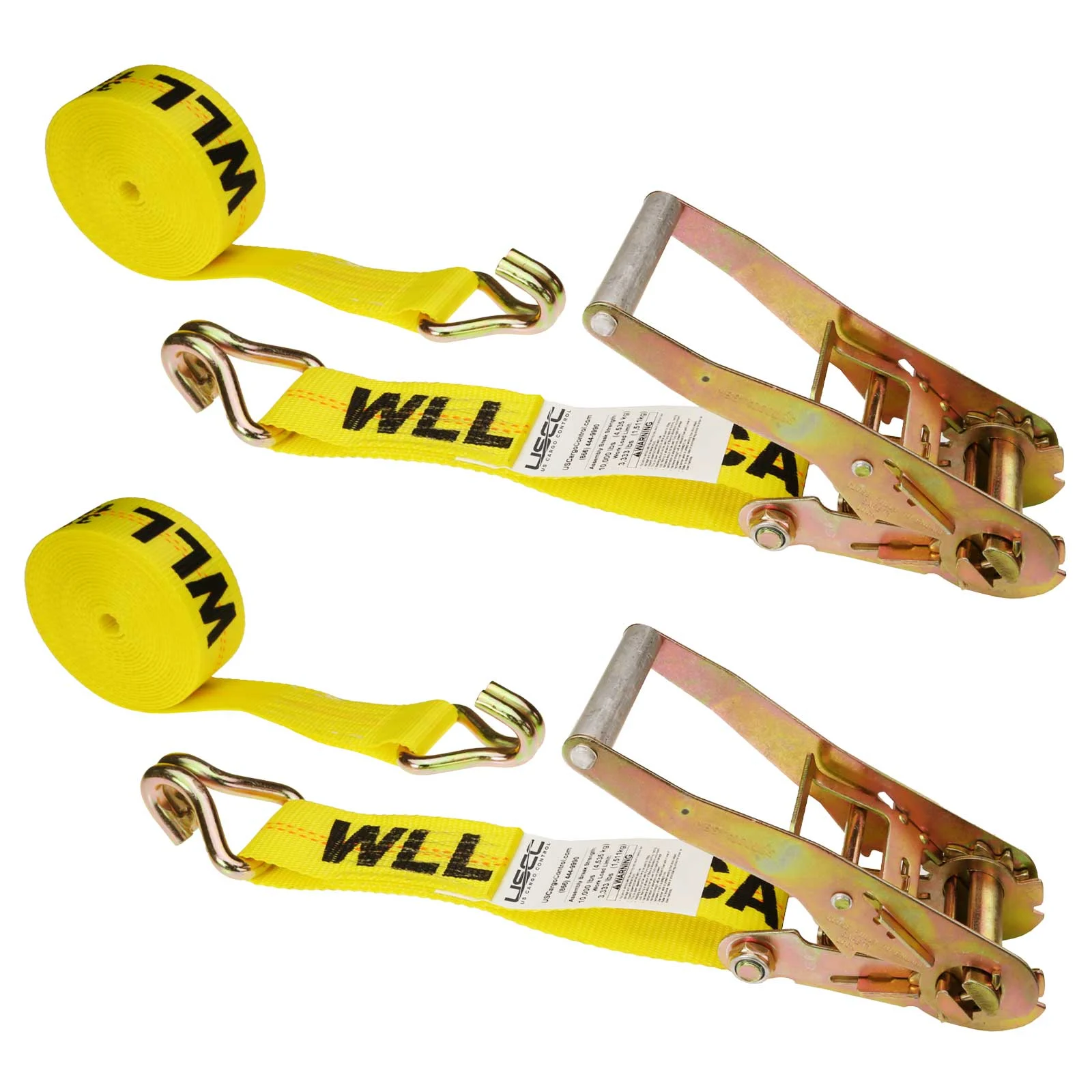 2" x 18' Ratchet Strap with Wire / Double J Hooks | Yellow | 2-Pack