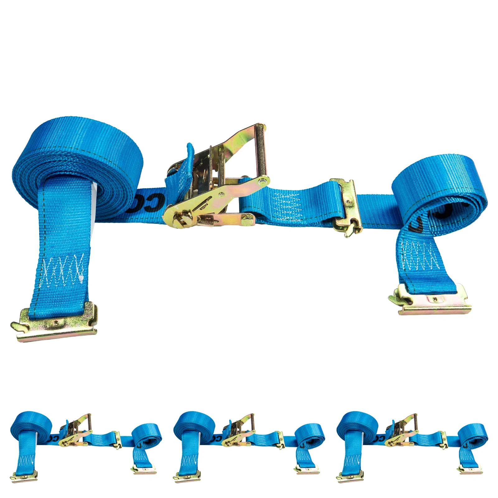 2" x 20' Blue E-Track Ratchet Strap | Double-Fitted End | 4-Pack