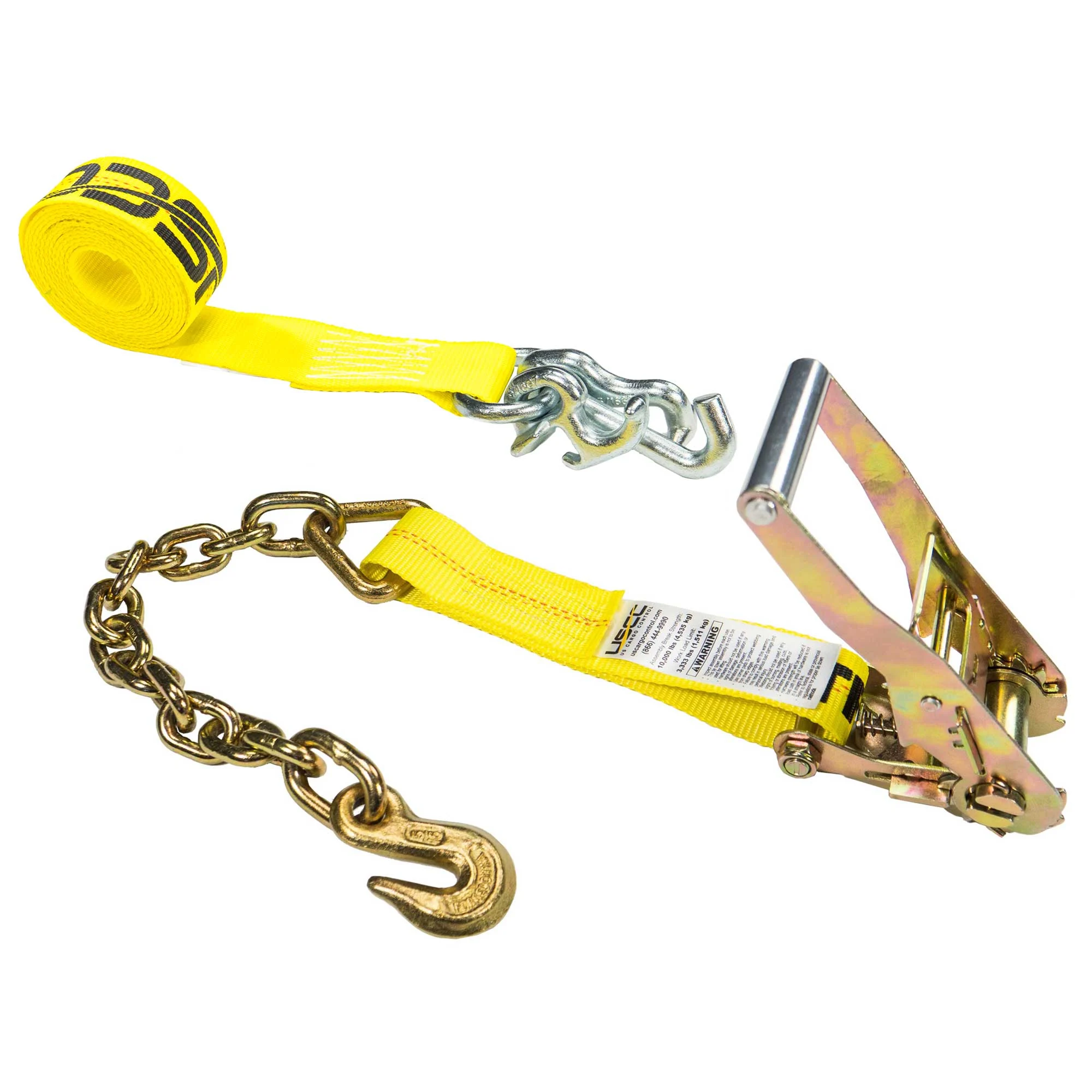 2" x 20' Tow Truck Ratchet Strap - Chain Extension / RTJ Cluster Hook | Yellow