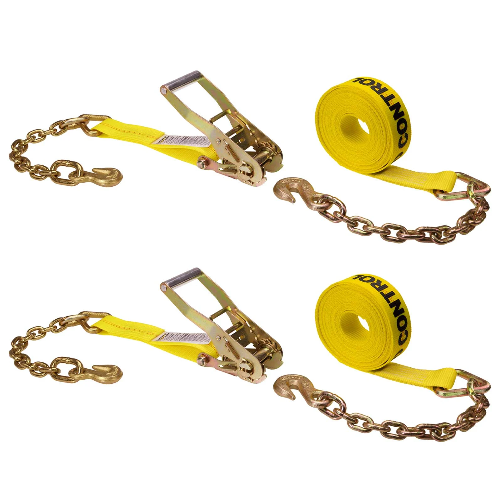 2" x 27' Ratchet Strap with Chain Extension | Yellow | 2-Pack