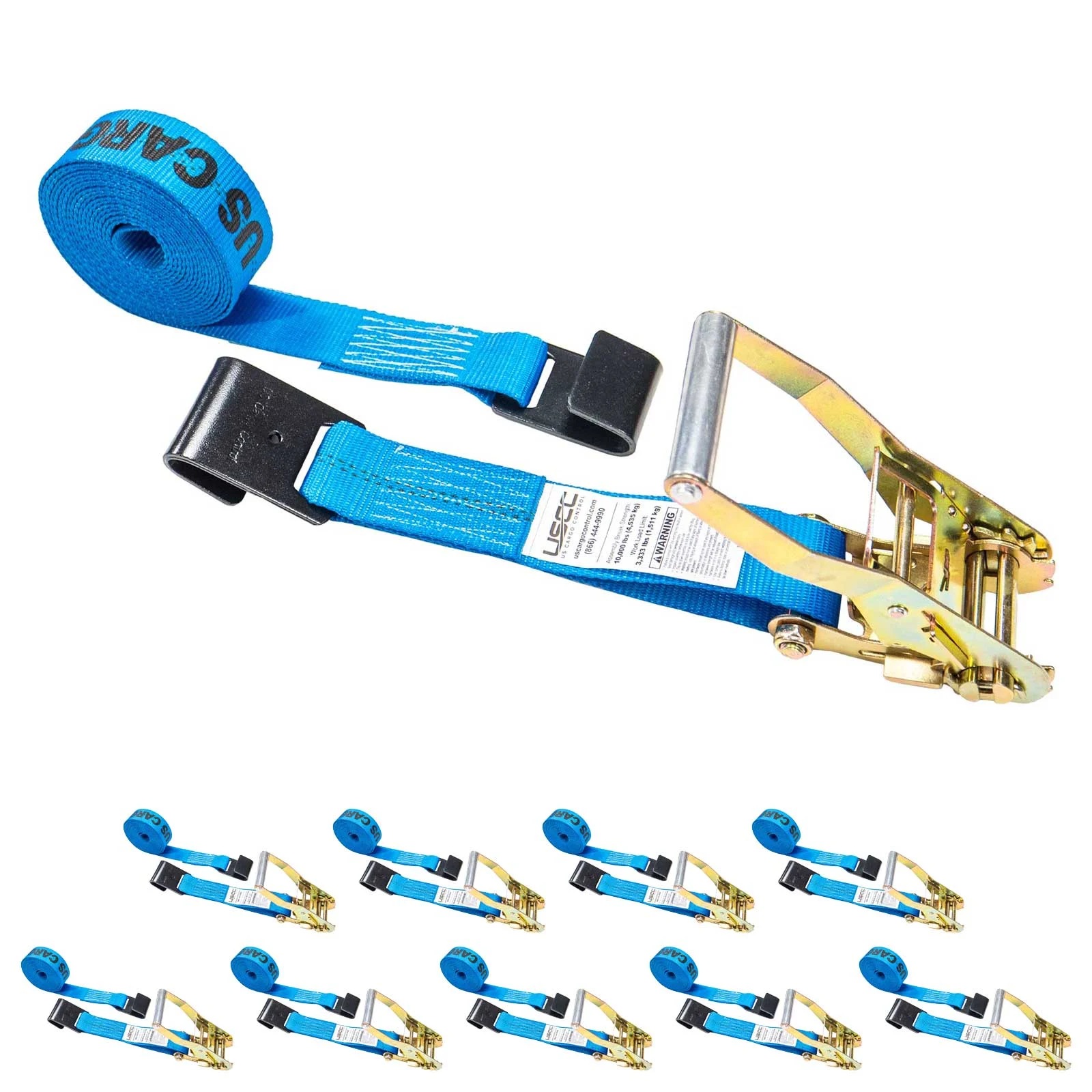 2" x 27' Ratchet Strap with Flat Hooks | Blue | 10-Pack