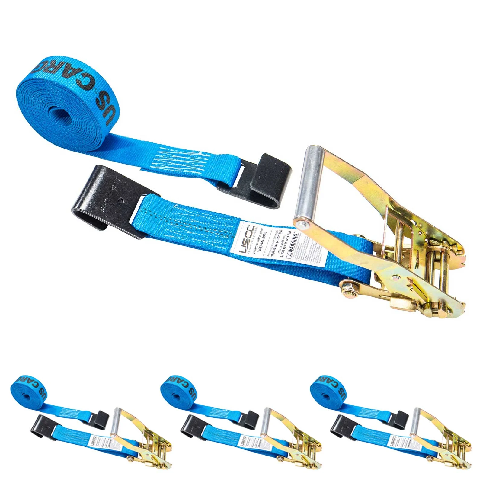 2" x 27' Ratchet Strap with Flat Hooks | Blue | 4-Pack