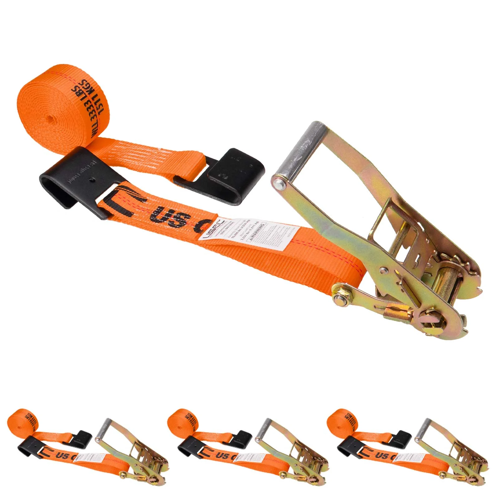 2" x 27' Ratchet Strap with Flat Hooks | Orange | 4-Pack
