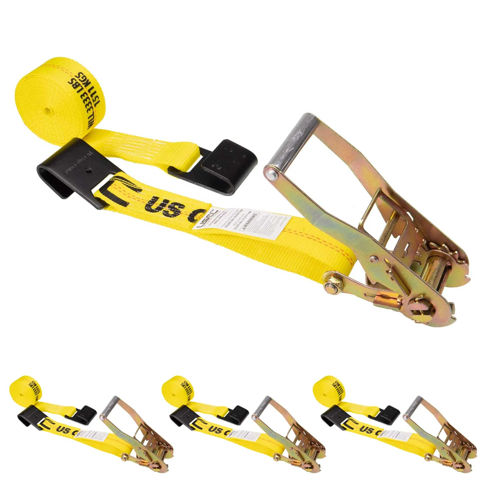 2" x 27' Ratchet Strap with Flat Hooks | Yellow | 4-Pack