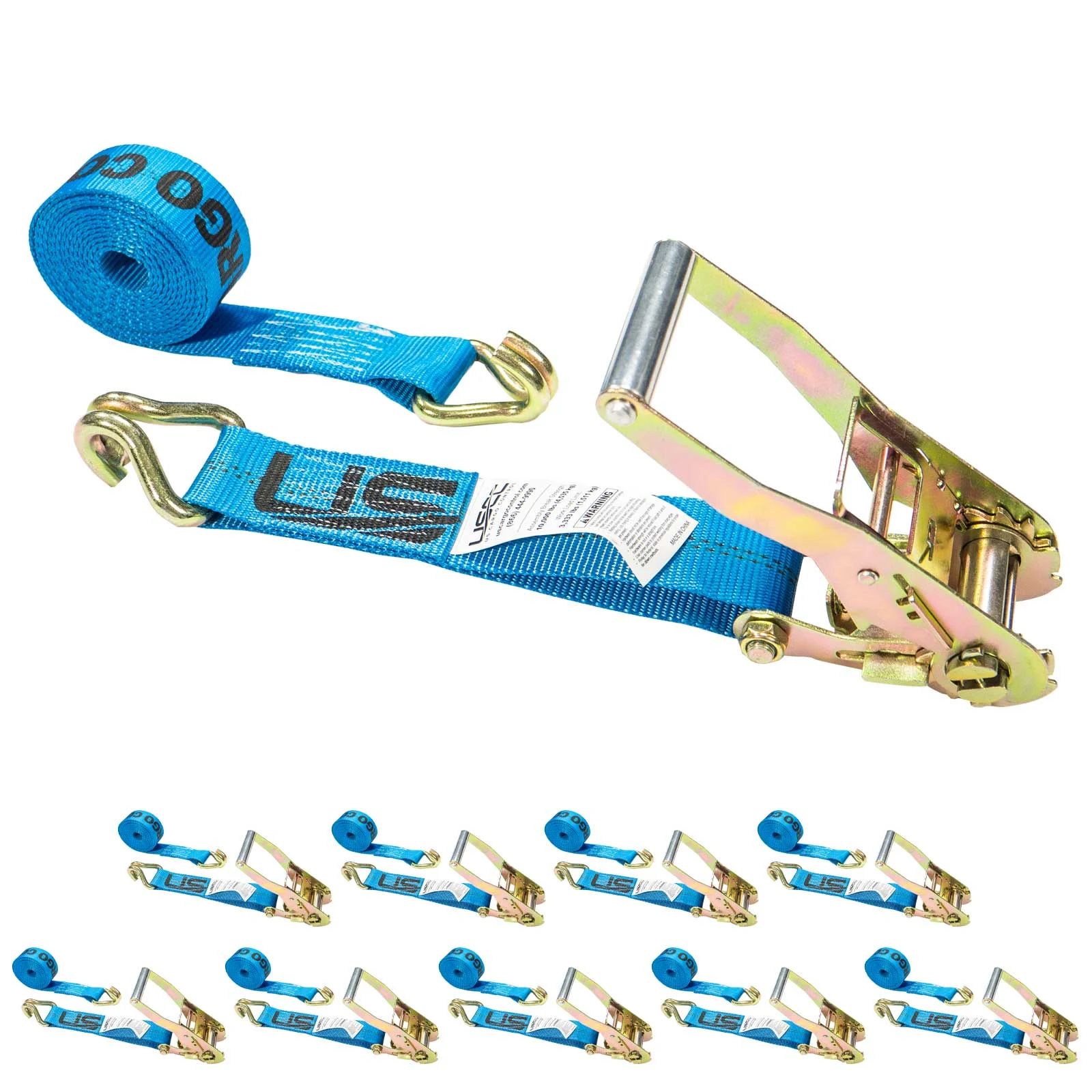 2" x 27' Ratchet Strap with Wire / Double J Hooks | Blue | 10-Pack