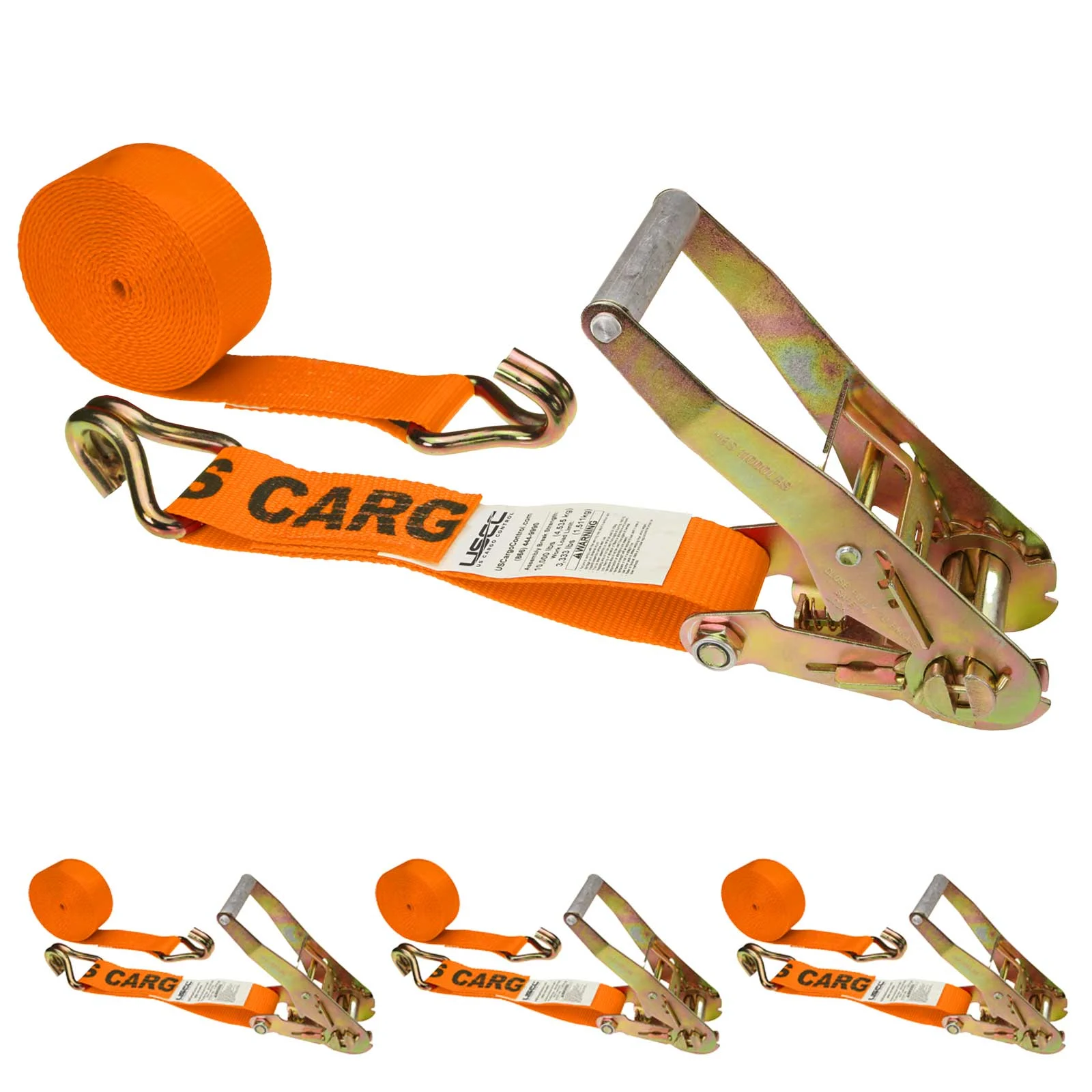 2" x 27' Ratchet Strap with Wire / Double J Hooks | Orange | 4-Pack