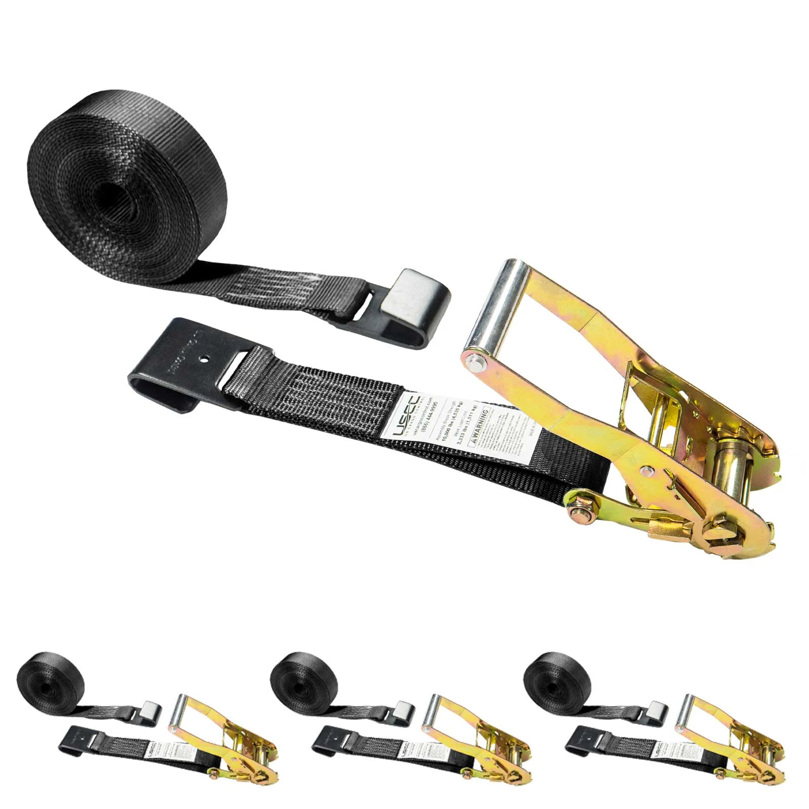 2" x 30' Ratchet Strap with Flat Hooks | Black | 4-Pack