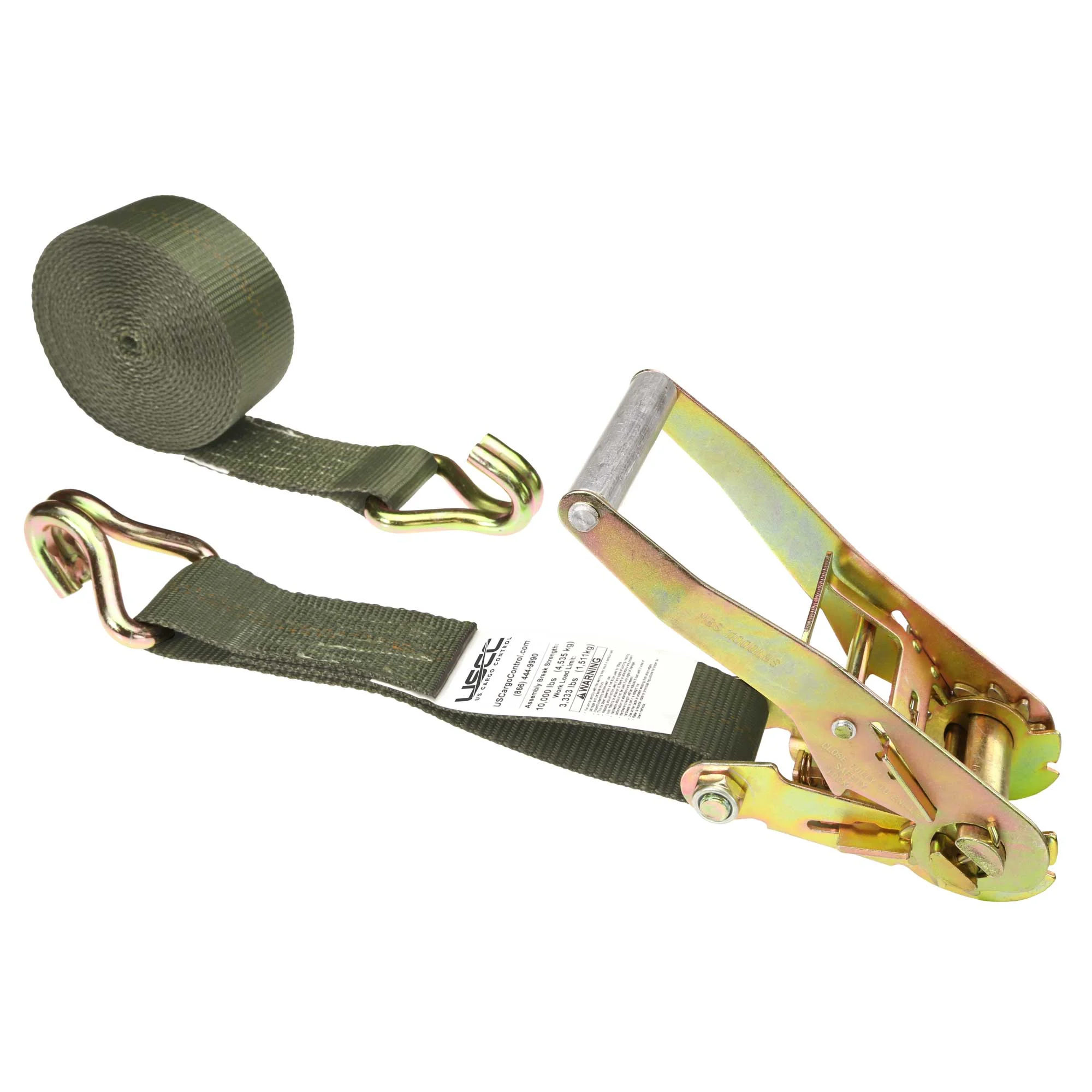 2" x 30' Ratchet Strap with Wire / Double J Hooks | Olive Drab