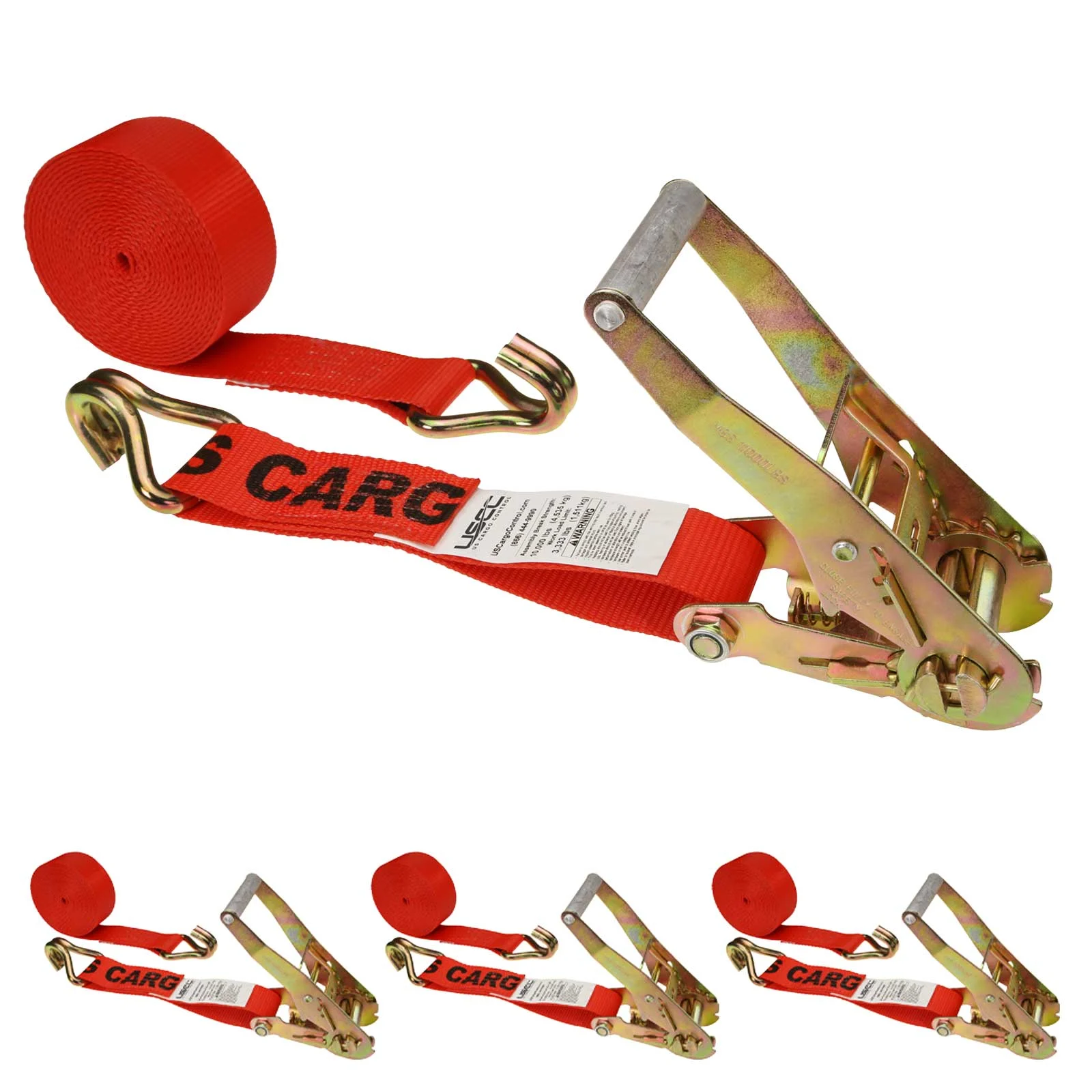 2" x 30' Ratchet Strap with Wire / Double J Hooks | Red | 4-Pack