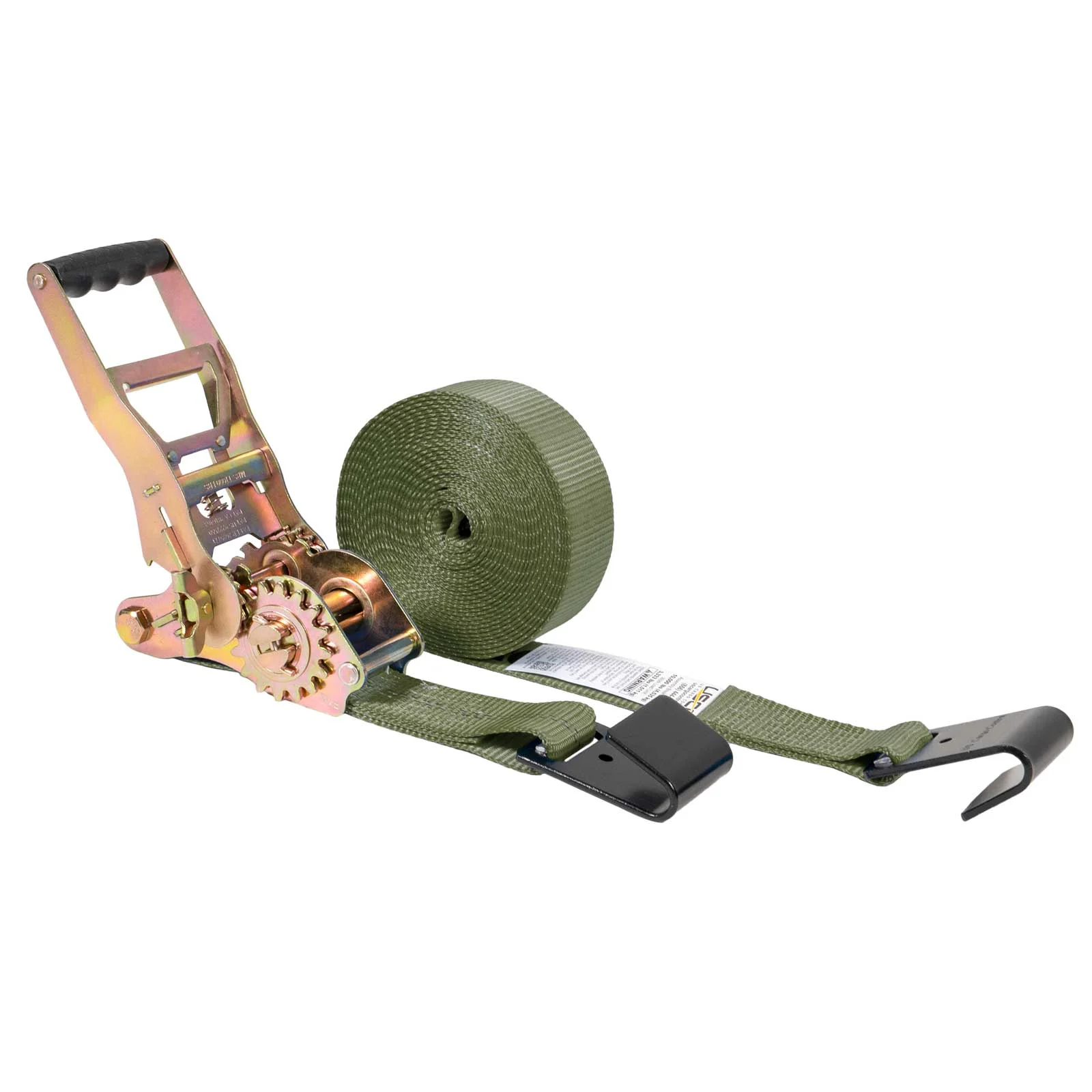 2" x 50' Gear-Driving Reverse-Action Ratchet Strap with Flat Hooks | Olive Drab