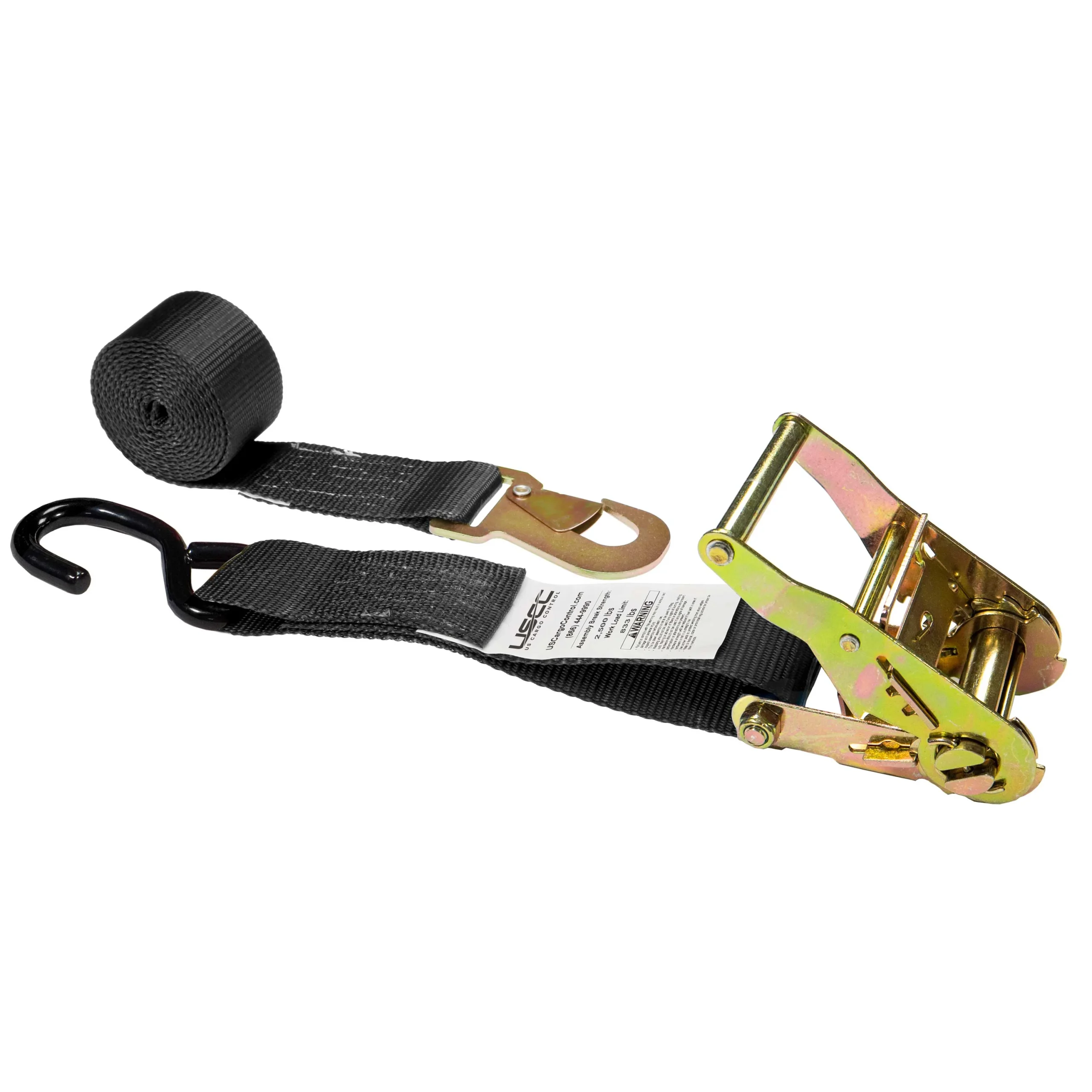 2" x 8' Ratchet Strap with Vinyl Coated S-Hook & Flat Snap Hook | Black