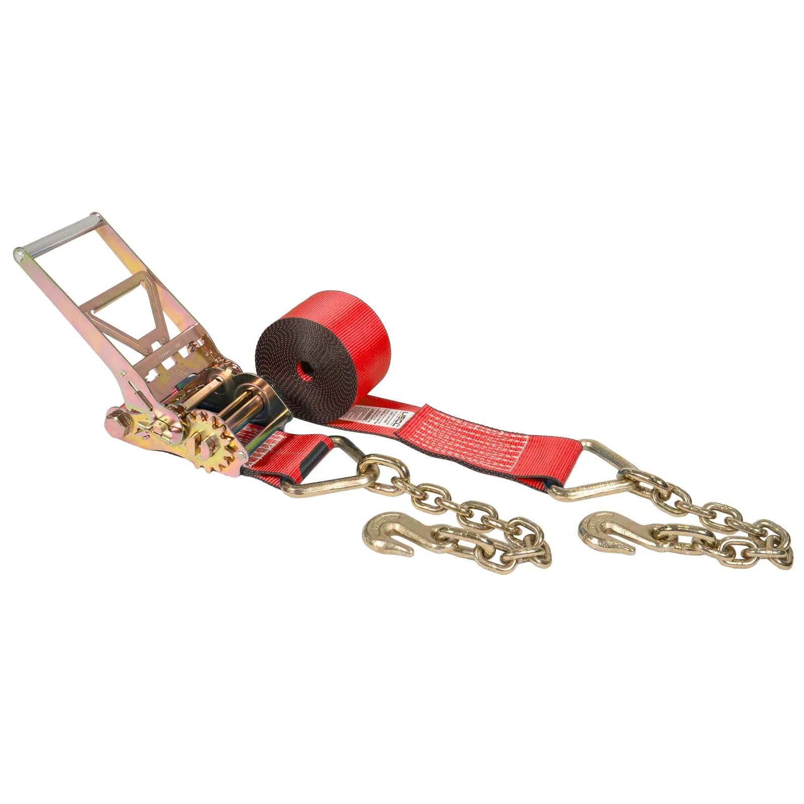 4" x 27' Gear-Driving Reverse-Action Ratchet Strap with Chain Ends | Red