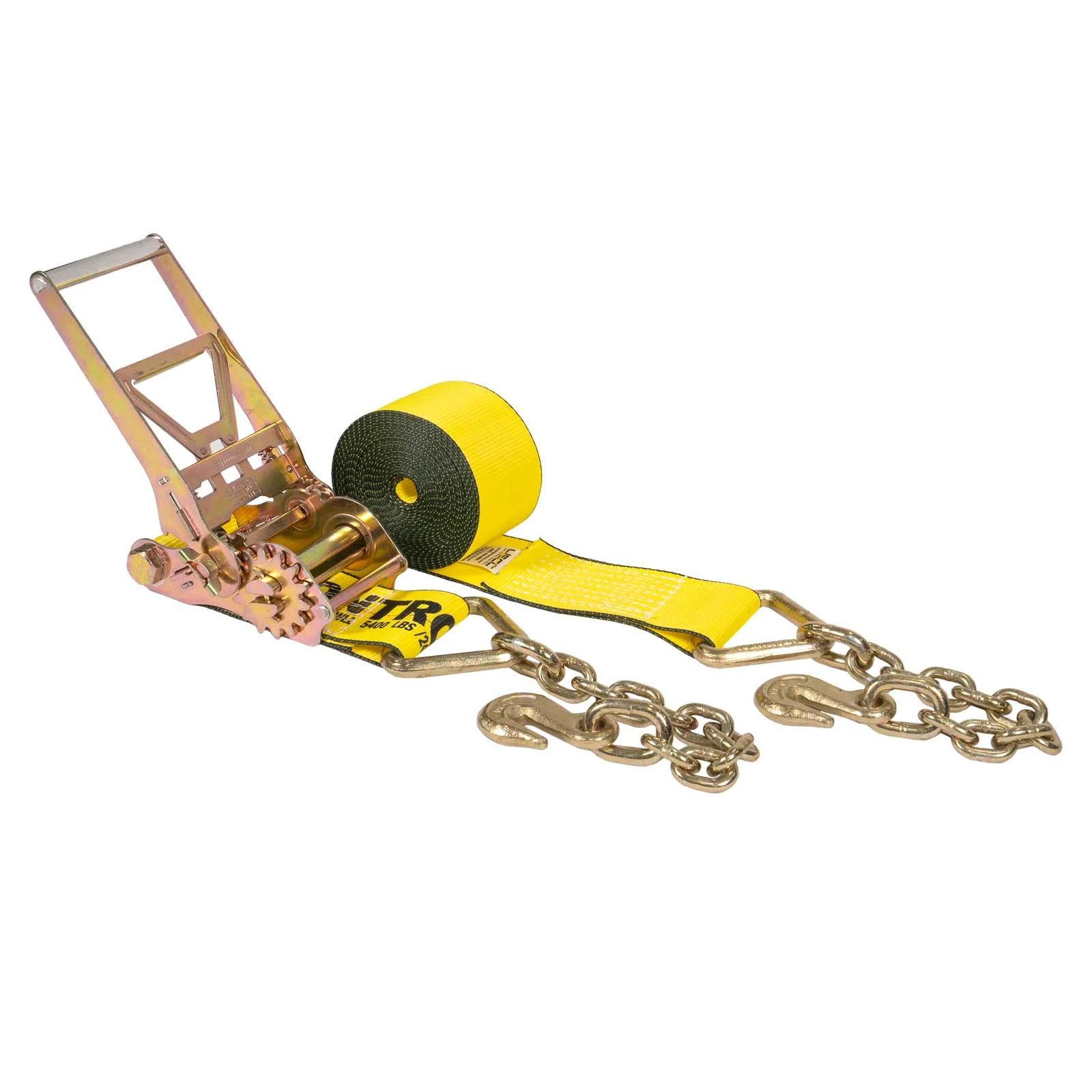 4" x 30' Gear-Driving Reverse-Action Ratchet Strap with Chain Ends | Yellow