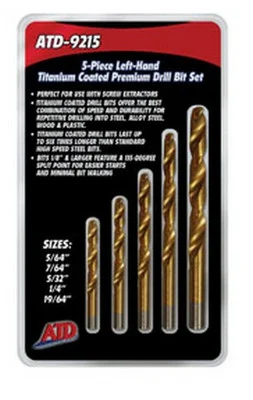 ATD Tools 9215 Left-Handed Titanium Coated Premium Drill Bit Set, 5-Piece
