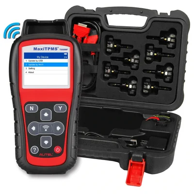 Autel 700020 TPMS tool and (8) 1-sensors with rubber press-in valve in a case