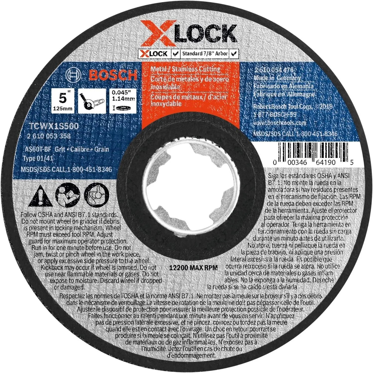 Bosch TCWX1S500 X-Lock Thin Metal & Stainless Steel Cutting T1 Heavy Duty 5" x .045" Wheel
