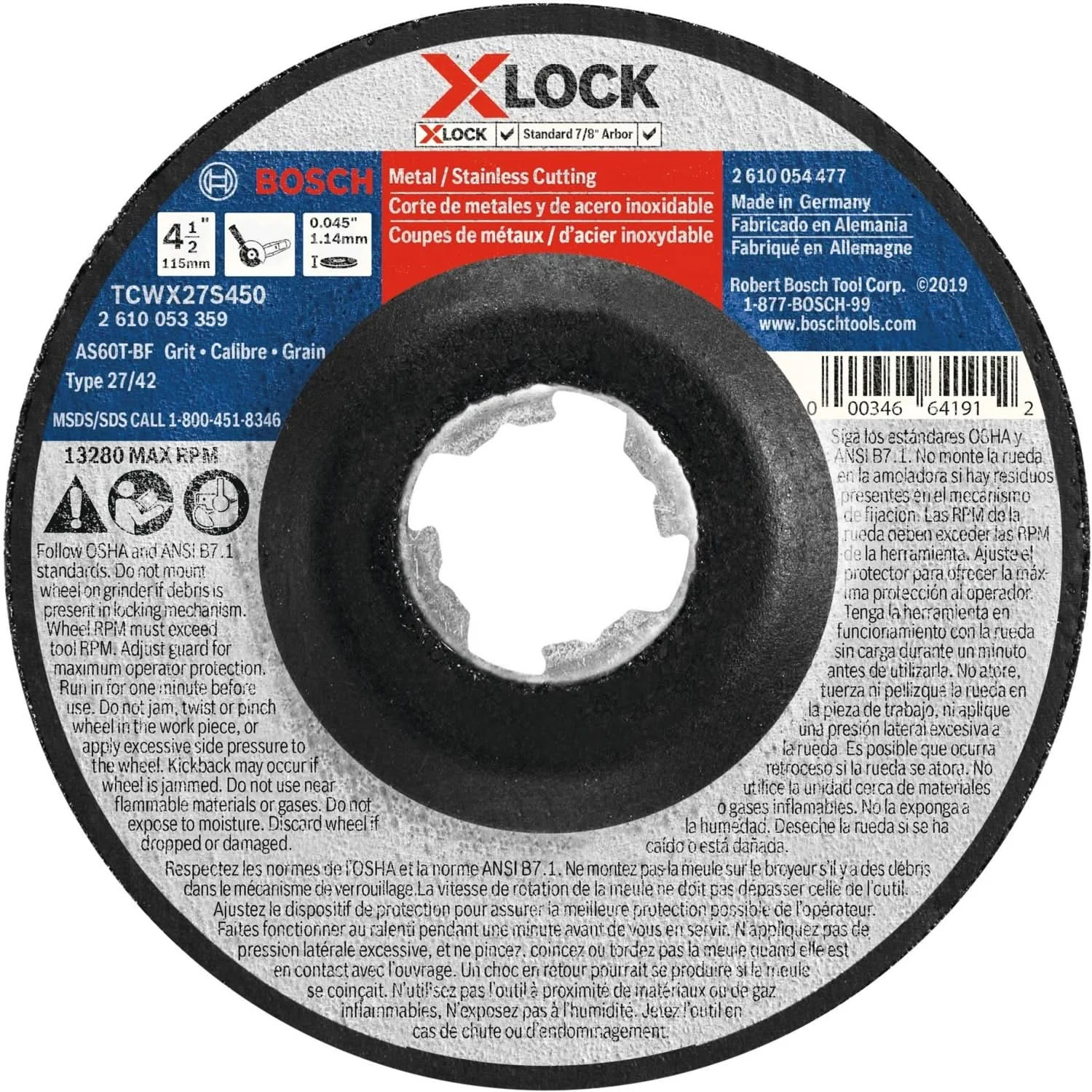 Bosch TCWX27S450 X-Lock Thin Metal & Stainless Steel Cutting T27 Heavy Duty 4-1/2 x .045" Wheel