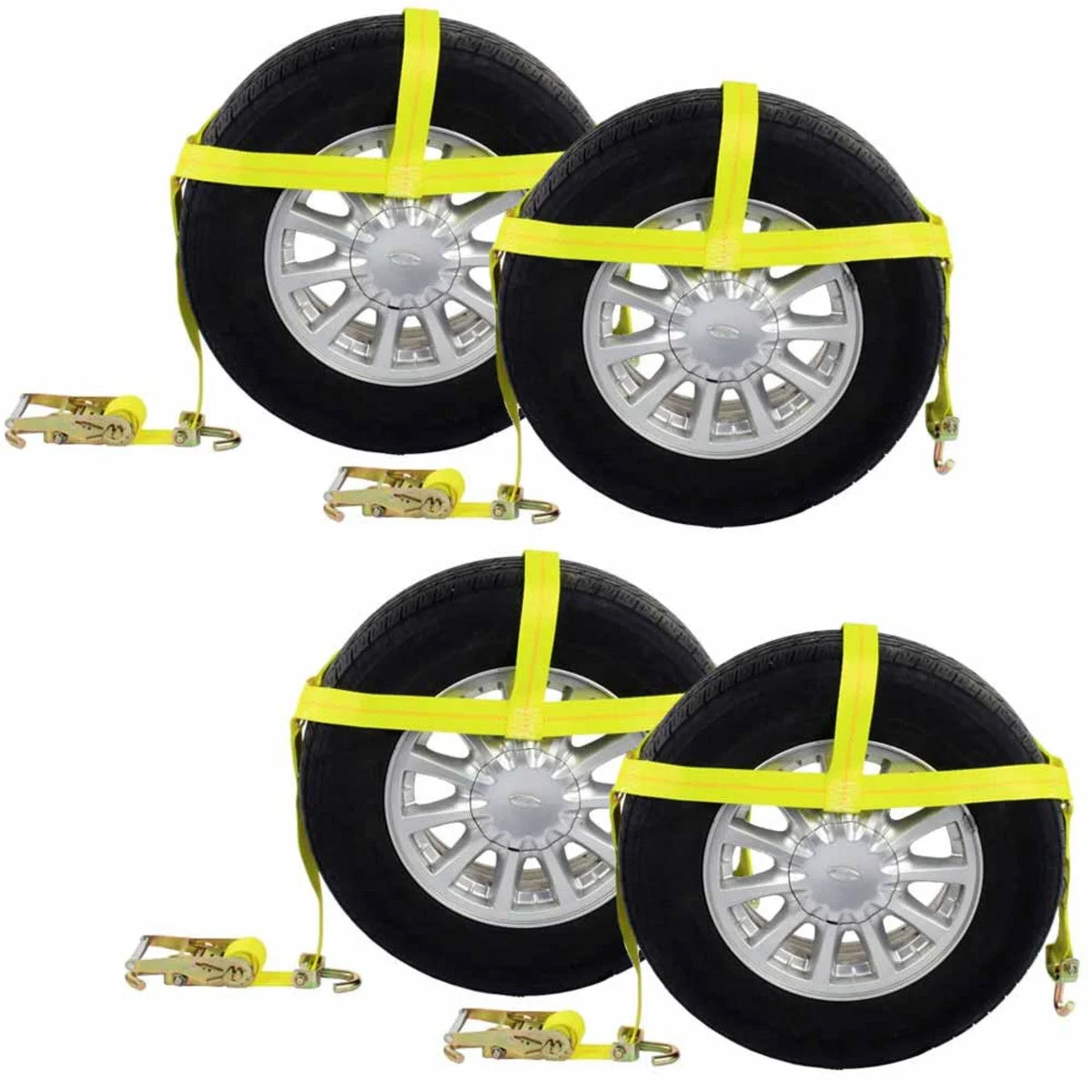 Car Carrier Tire Holder Basket Straps w/ Swivel Hooks & Ratchet - 4 Pack