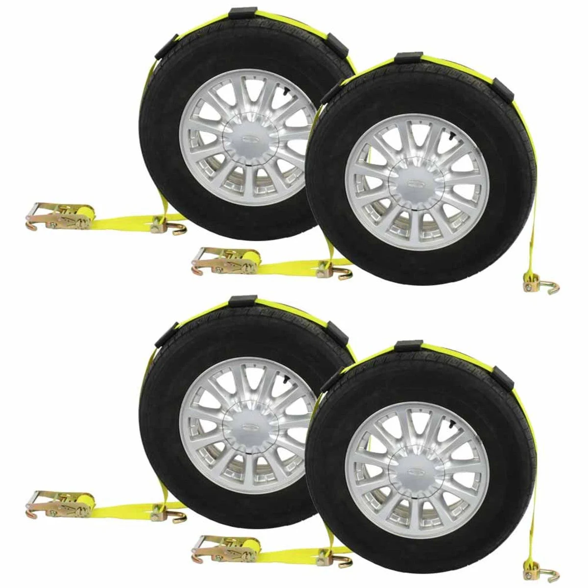 Car Carrier Wheel Strap w/ Swivel Hooks & Adj. Rubber Blocks & Ratchet - 4 Pack