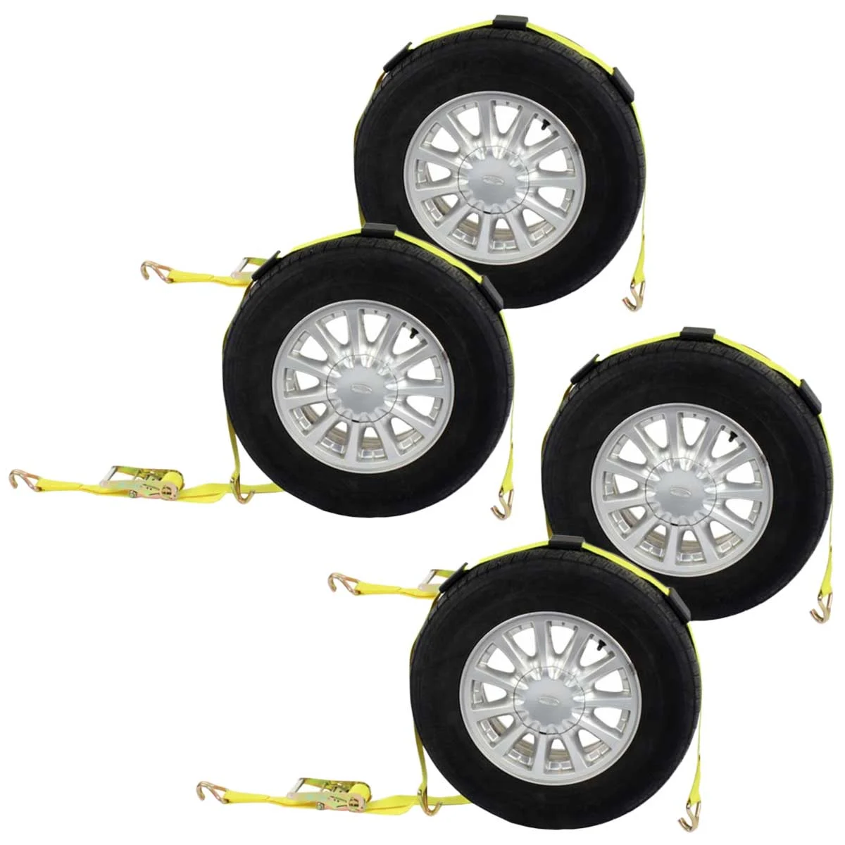 Car Carrier Wheel Strap w/ Wire Hooks & Adj Rubber Blocks & Ratchet - 4 Pack