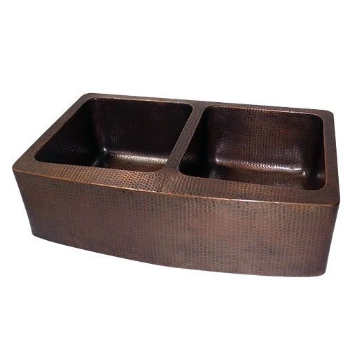 Dakota Sinks DSE-HCA5050 Signature Elements Series 33 Inch 50/50 Handmade Copper Double Bowl Apron Front Kitchen Sink - Hammered Copper