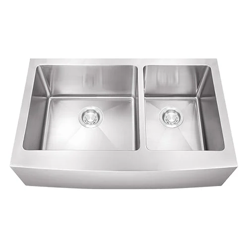 Dakota Sinks DSM-A6040 Signature M-Series 33 Inch Micro Radius 60/40 Double Bowl Apron Front Kitchen Sink with Bottom Grid