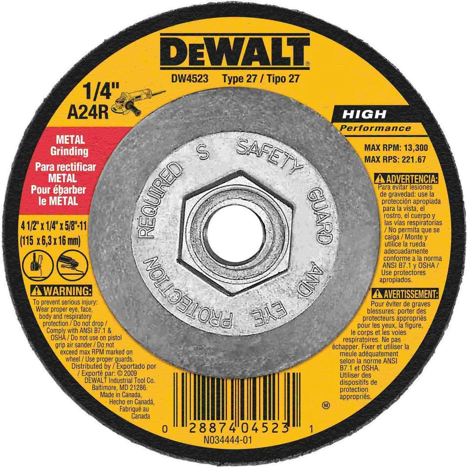 DeWalt DW4523 4-1/2" X 1/4" X 5/8"-11 High Performance Metal Grinding Wheel