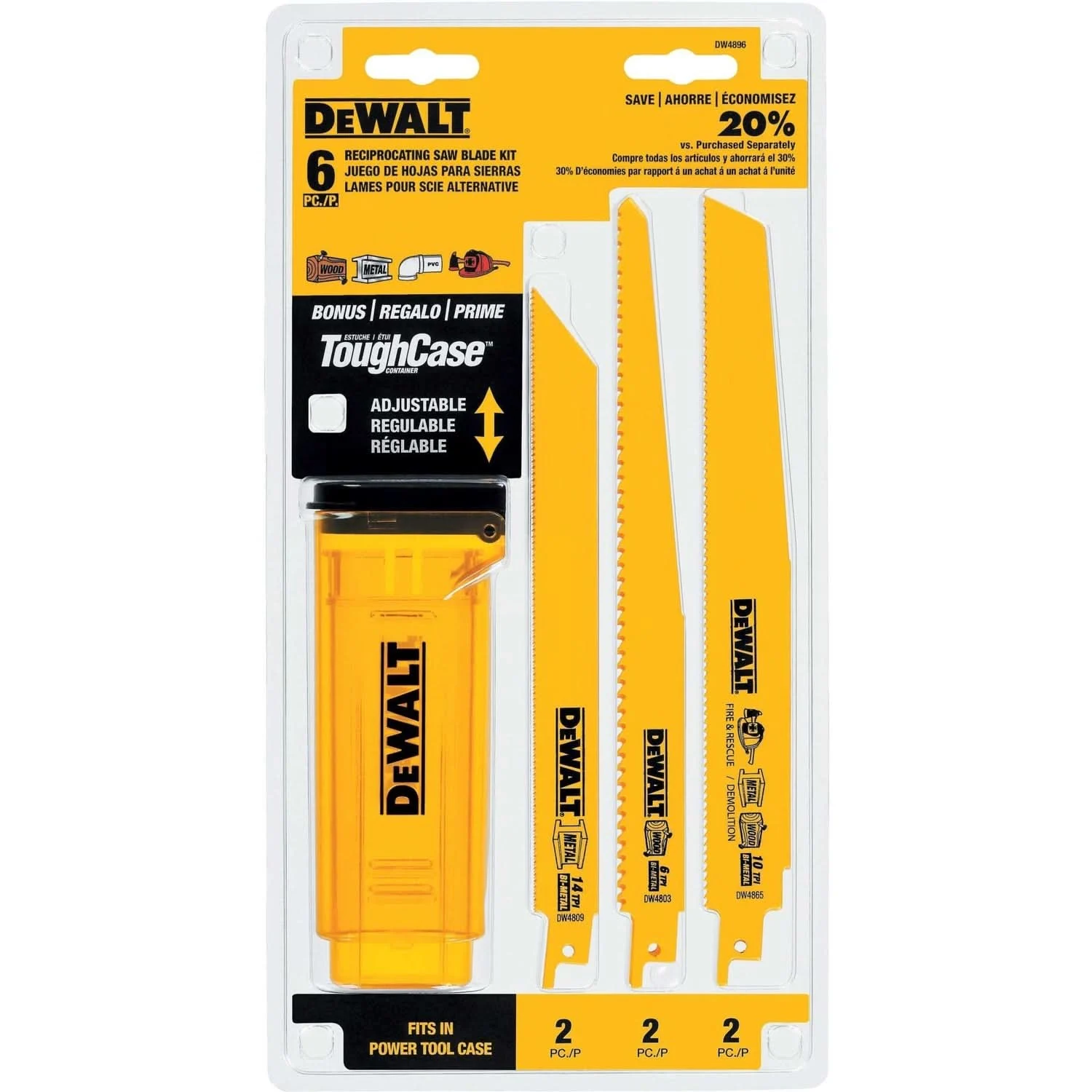 DeWalt DW4896 6 Piece Bi-Metal Reciprocating Saw Blade Set with Telescoping Case