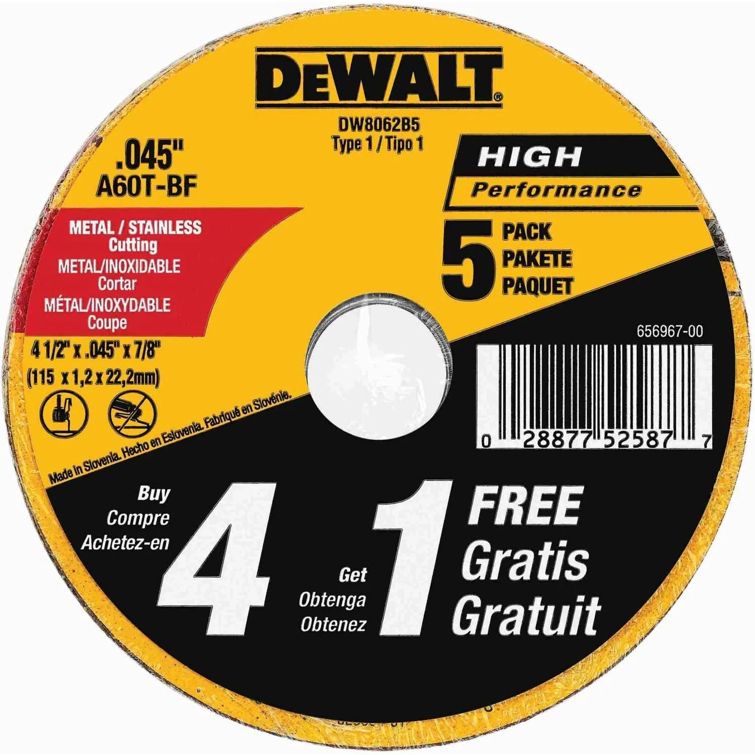 DeWalt DW8062B5 4-1/2" x .045" x 7/8" Metal and ss Cutting 5 Pack