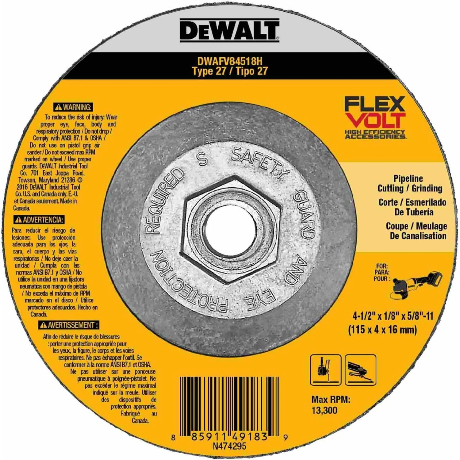 Dewalt DWAFV84518H 4-12" x 1/8" x 5/8"-11 T27 FlexVolt Cutting and Grinding Wheel