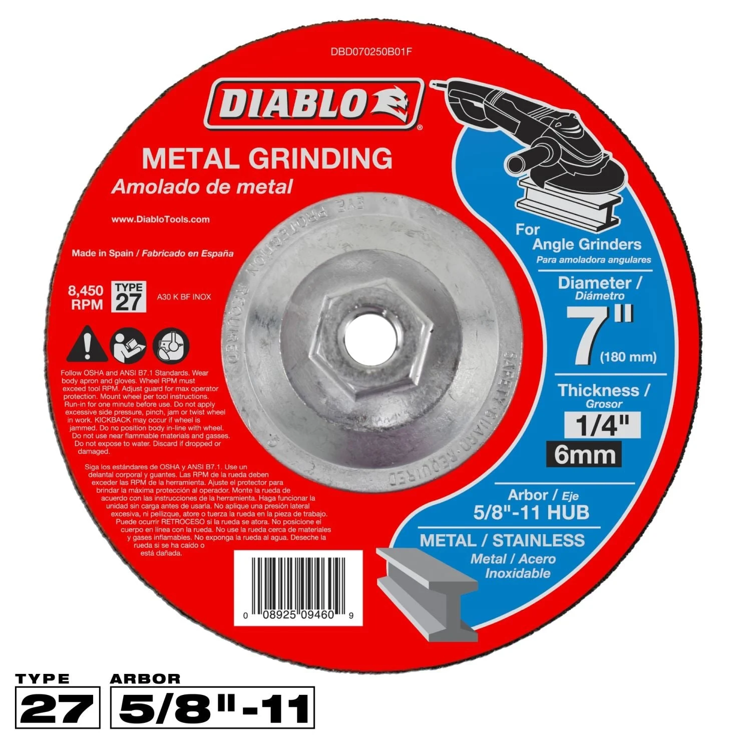 Diablo DBD070250B01F 7 Inch Metal Grinding Disc - Type 27 HUB