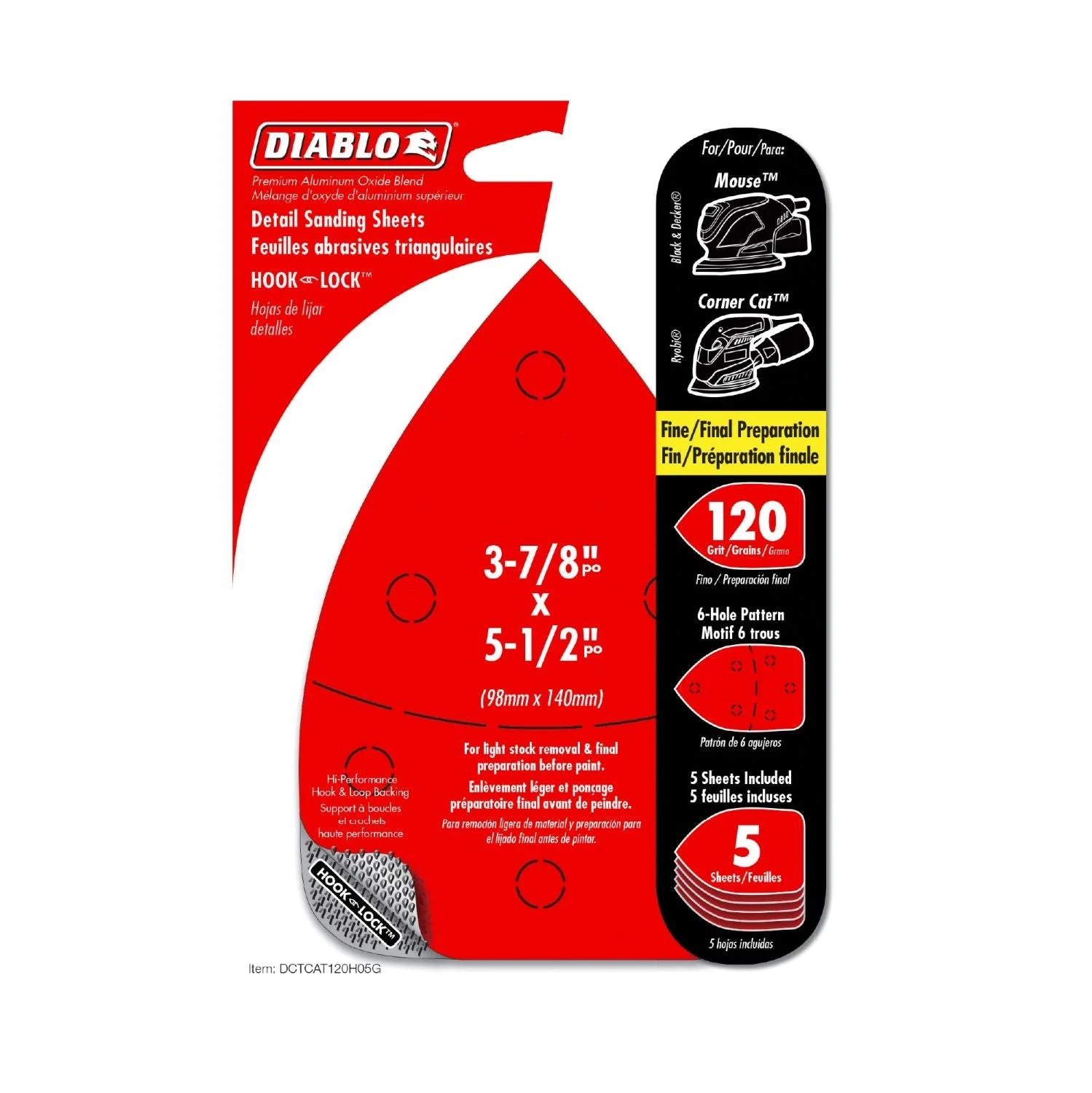 Diablo DCTCAT120H05G Detail 3-7/8 Inch x 5-1/2 Inch CAT/Mouse Hook & Lock 120 Grit , 5-Pack