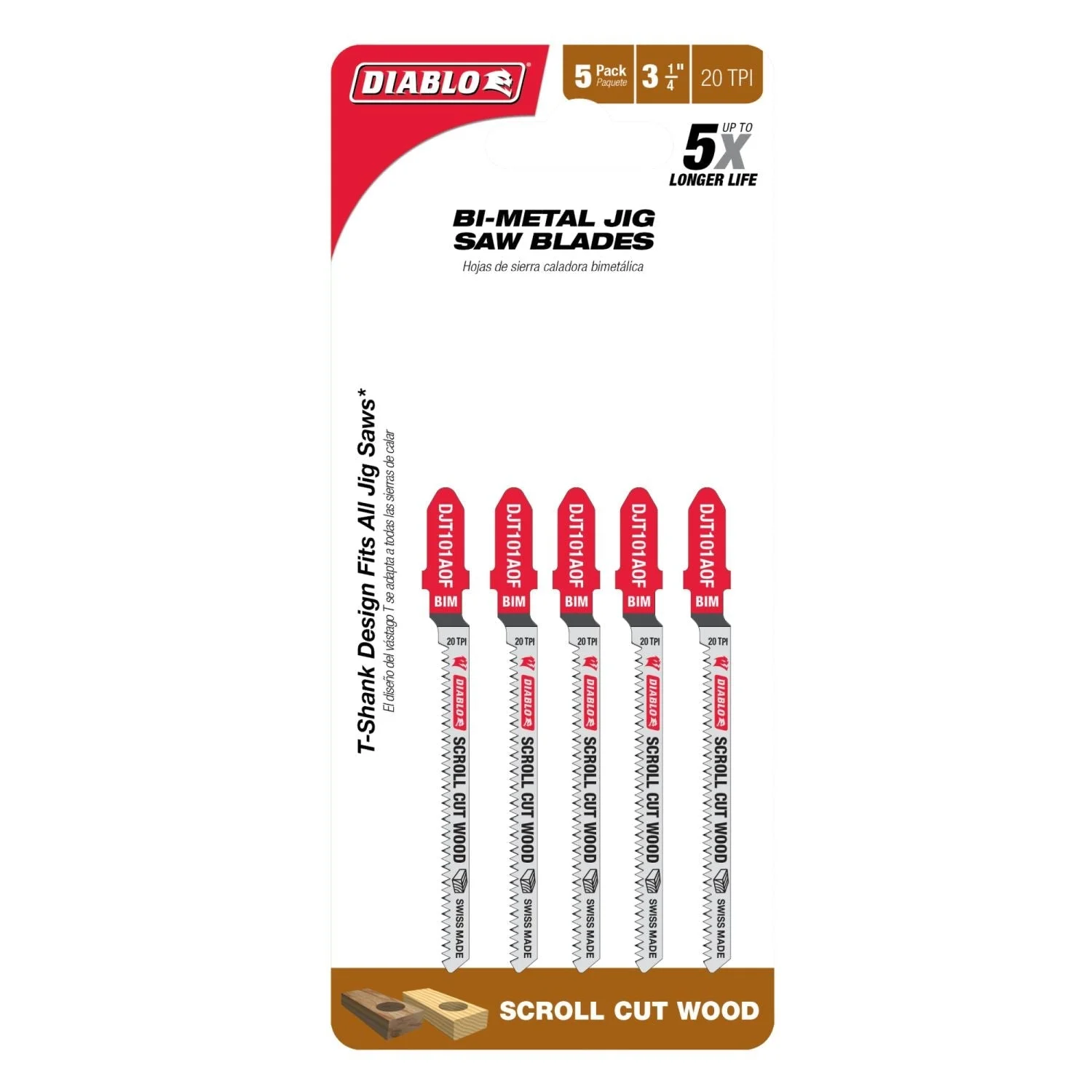 Diablo DJT101AOF5 3-1/4-Inch 20 TPI Bi-Metal T-Shank Jig Saw Blades for Scroll Cuts in Wood, 5-Pack