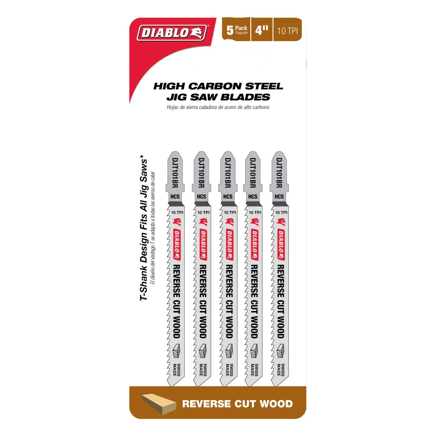 Diablo DJT101BR5 4-Inch 10 TPI High Carbon Steel T-Shank Jig Saw Blades for Reverse Cuts, 5-Pack