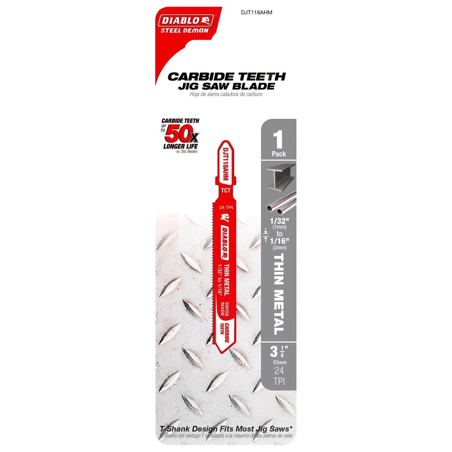 Diablo DJT118AHM 3-1/4-Inch 24 TPI Carbide T-Shank Jig Saw Blade for Thin Metal