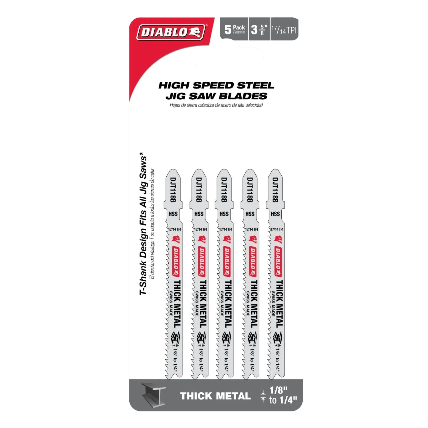Diablo DJT118B5 3-5/8-Inch 17/14 TPI High Speed Steel T-Shank Jig Saw Blades for Thick Metal, 5-Pack