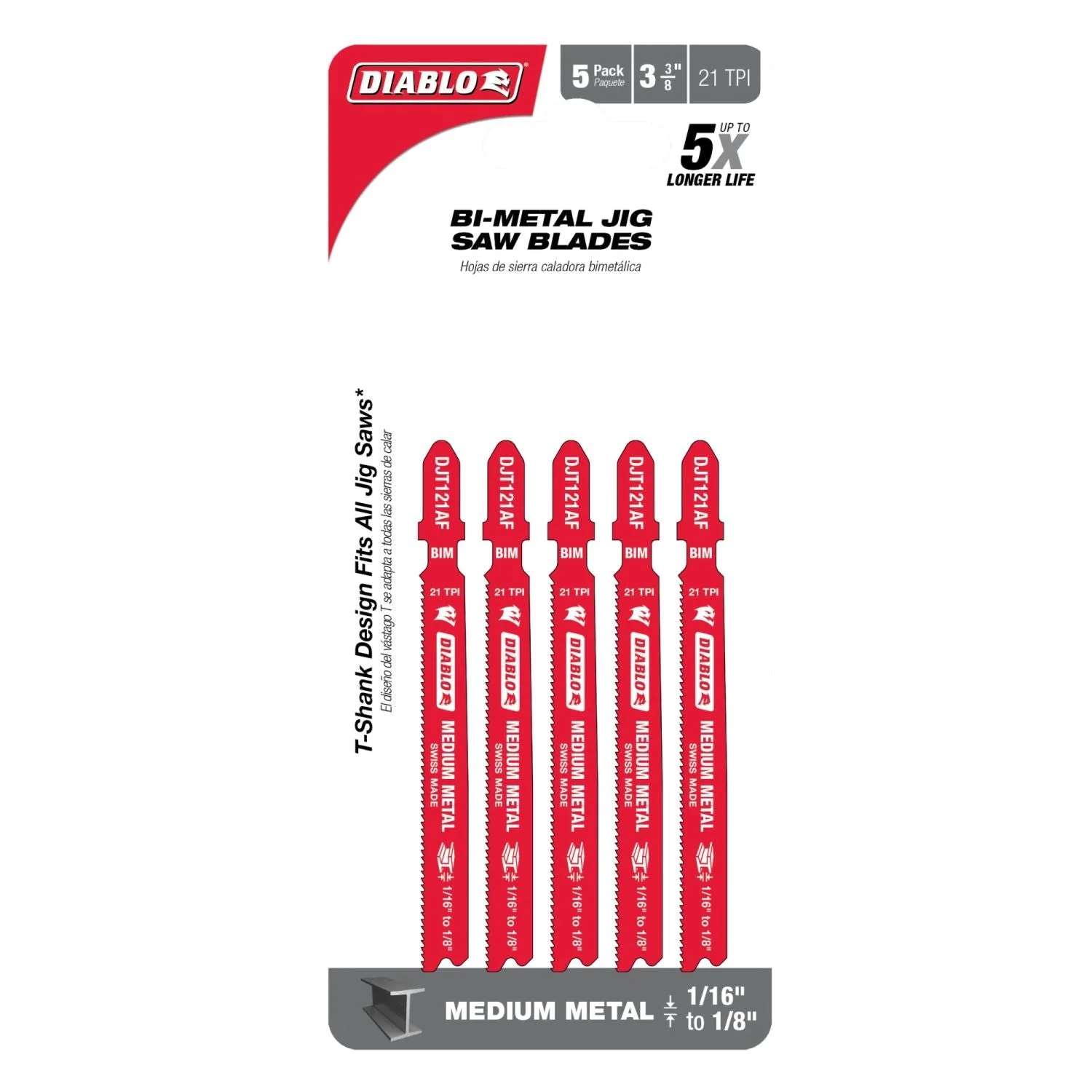 Diablo DJT121AF5 3-5/8-Inch 21 TPI Bi-Metal T-Shank Jig Saw Blades for Medium Metal, 5-Pack