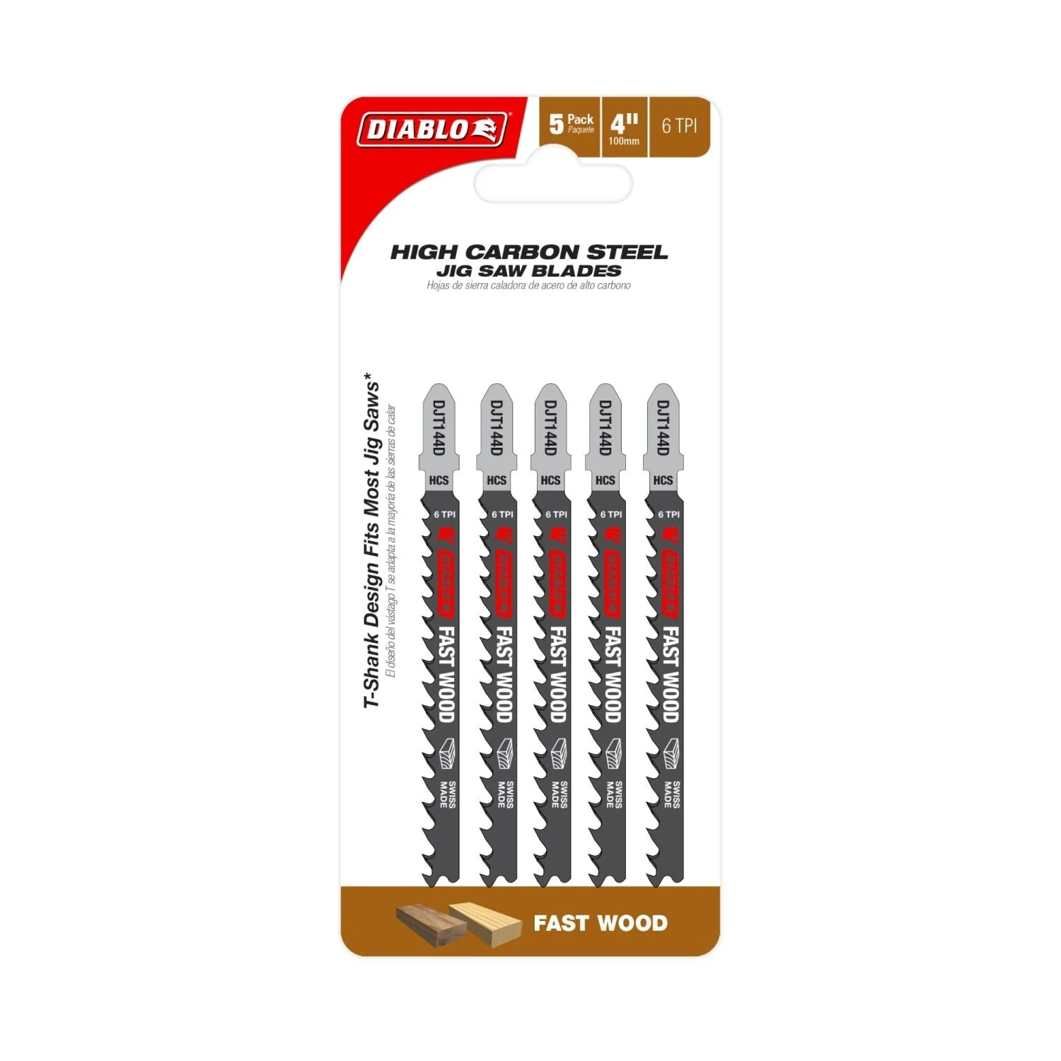 Diablo DJT144D5 4-Inch 6 TPI High Carbon Steel T-Shank Jig Saw Blades for Fast Wood Cuts, 5-Pack
